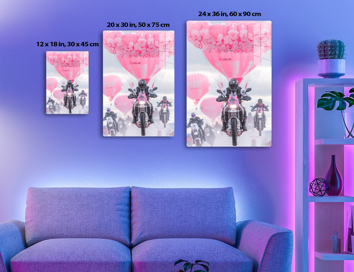 Motorcycle riders on the road with pink balloons trailing behind, creating a surreal and artistic visual effect.