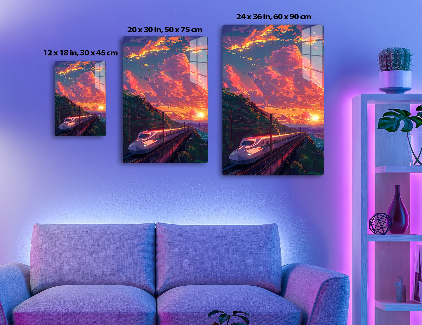 Dramatic sunset sky with orange and purple clouds, high-speed trains on an elevated track overlooking a city skyline, trees lining the tracks.