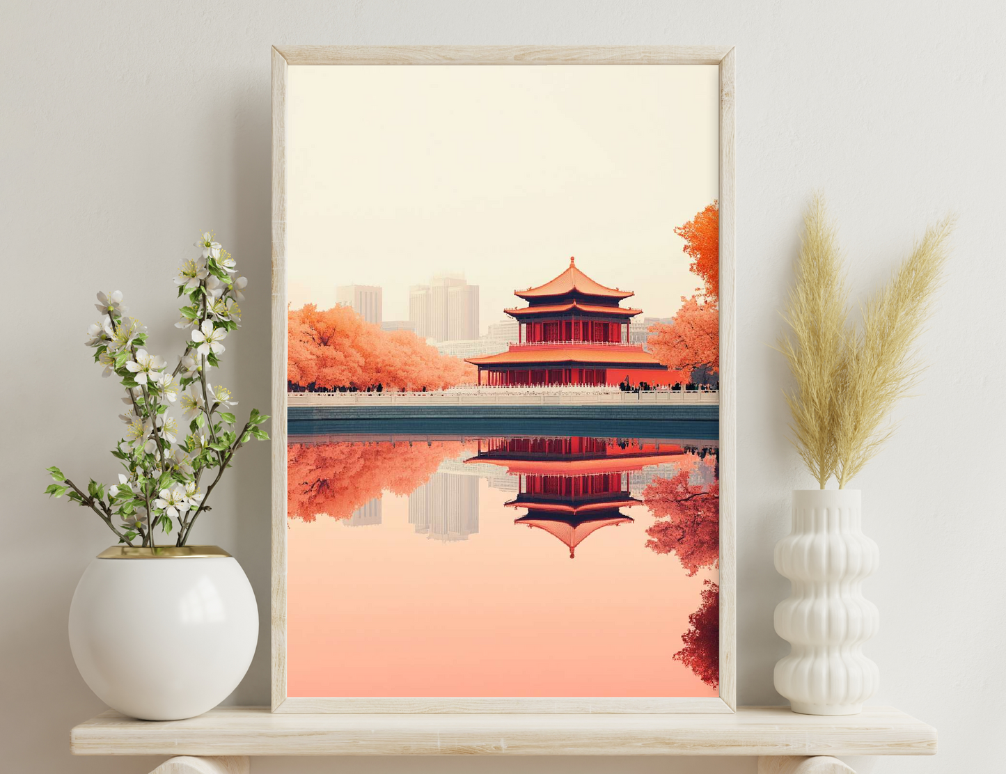 A traditional Chinese pavilion reflected in a serene pond surrounded by vibrant fall foliage and modern city skyline in the background, creating a picturesque juxtaposition of ancient and contemporary architecture.