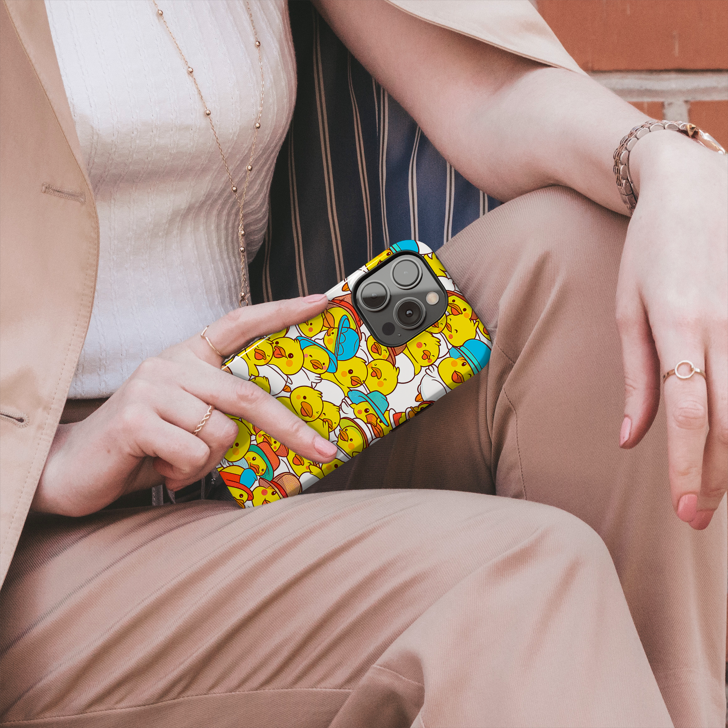 Ducky Delight (iPhone Case 11-15)Elevate your iPhone's protection and style with RimaGallery's Cheerful yellow ducklings with cute hats On case, featuring dual-layer defense and a sleek, glossy finiRimaGallery