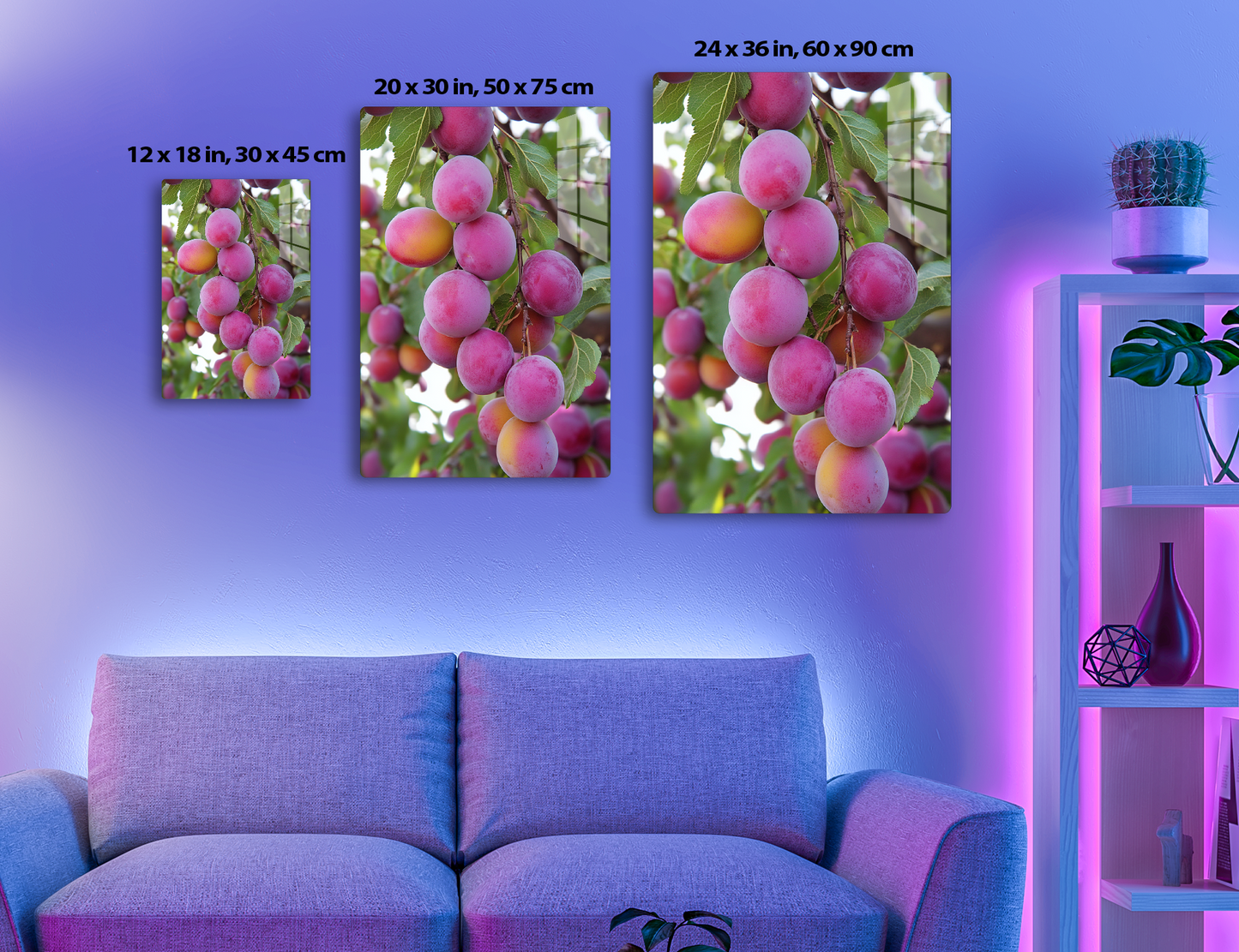 Ripe pink and orange plums hanging in a cluster on a tree branch, surrounded by green leaves.