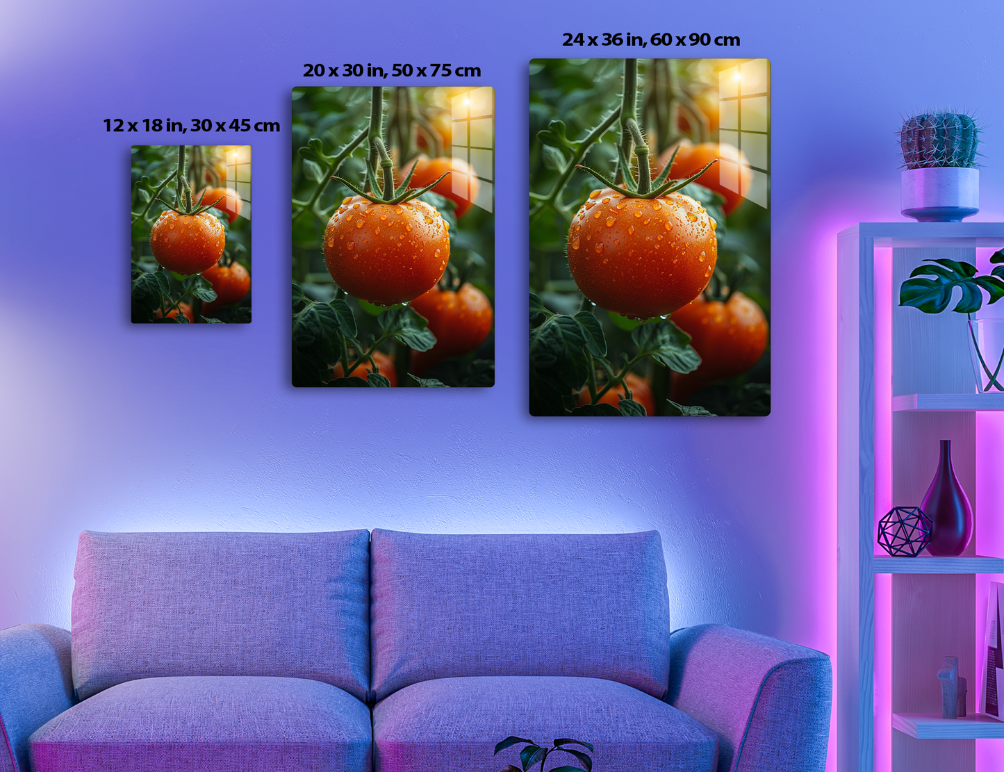 Fresh, ripe tomatoes on the vine, glistening with morning dew, their vibrant red color and plump shapes creating a mouthwatering sight amidst the lush green foliage.
