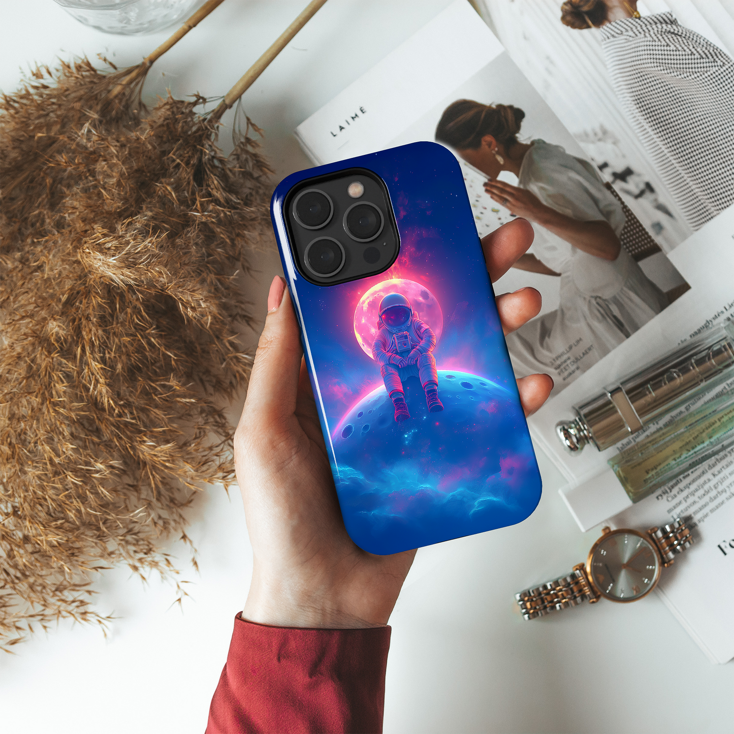 Lunar Dreamer (iPhone Case 11-15)Elevate your iPhone's protection and style with RimaGallery's Astronaut sitting on a moon against a cosmic backdrop On case, featuring dual-layer defense and a sleekRimaGallery