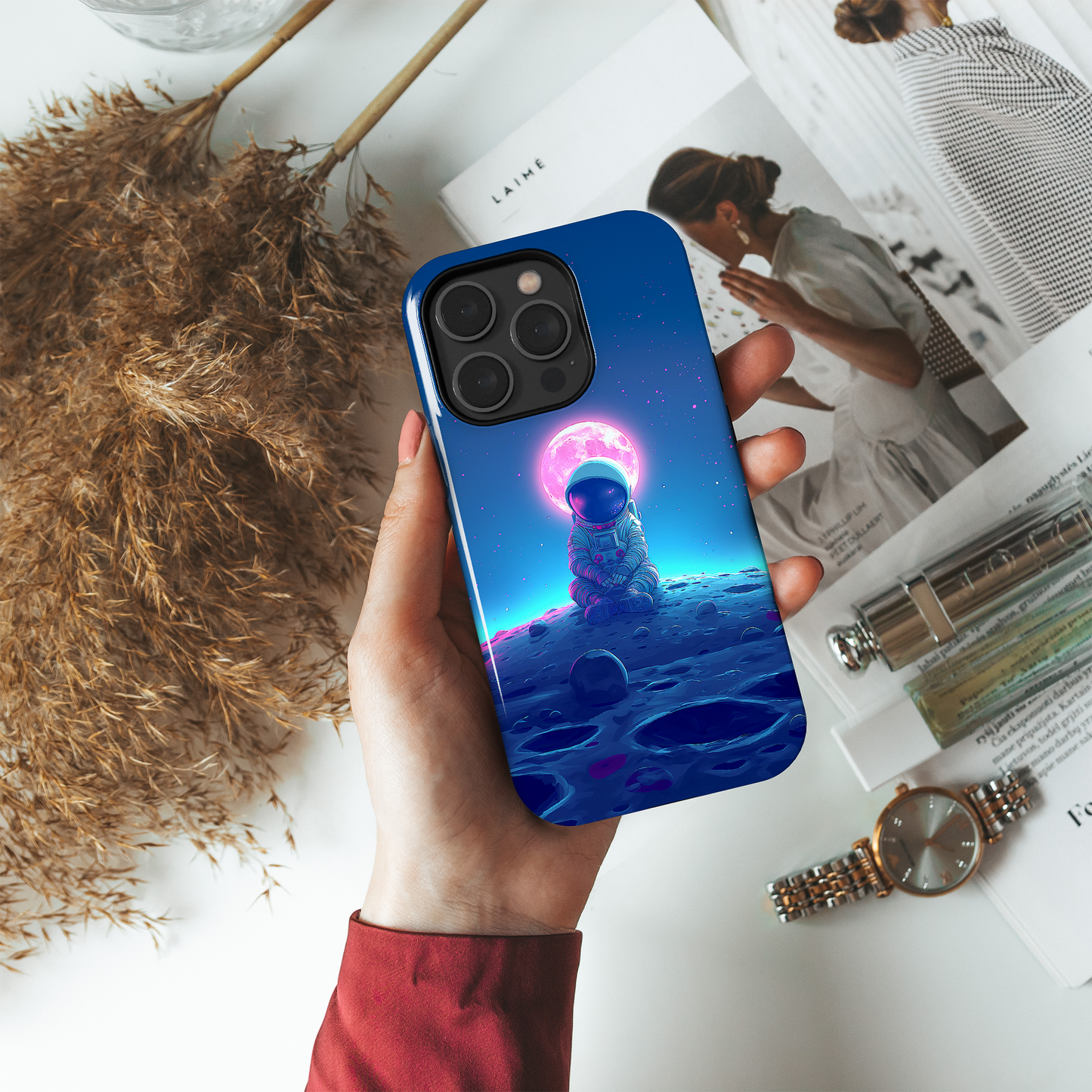 Cosmic Contemplation (iPhone Case 11-15)Elevate your iPhone's protection and style with RimaGallery's Astronaut in deep thought on the lunar surface under a glowing moon On case, featuring dual-layer defenRimaGallery