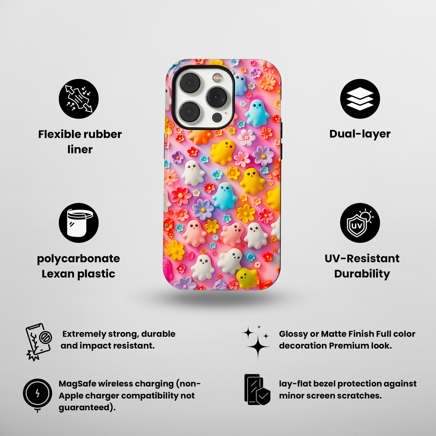 Ghoulish Garden (iPhone MagSafe Case)Elevate your iPhone's protection and style with RimaGallery's Playful ghost characters amidst a floral backdrop on a bright MagSafe Case against a dark backdrop. EnjRimaGallery