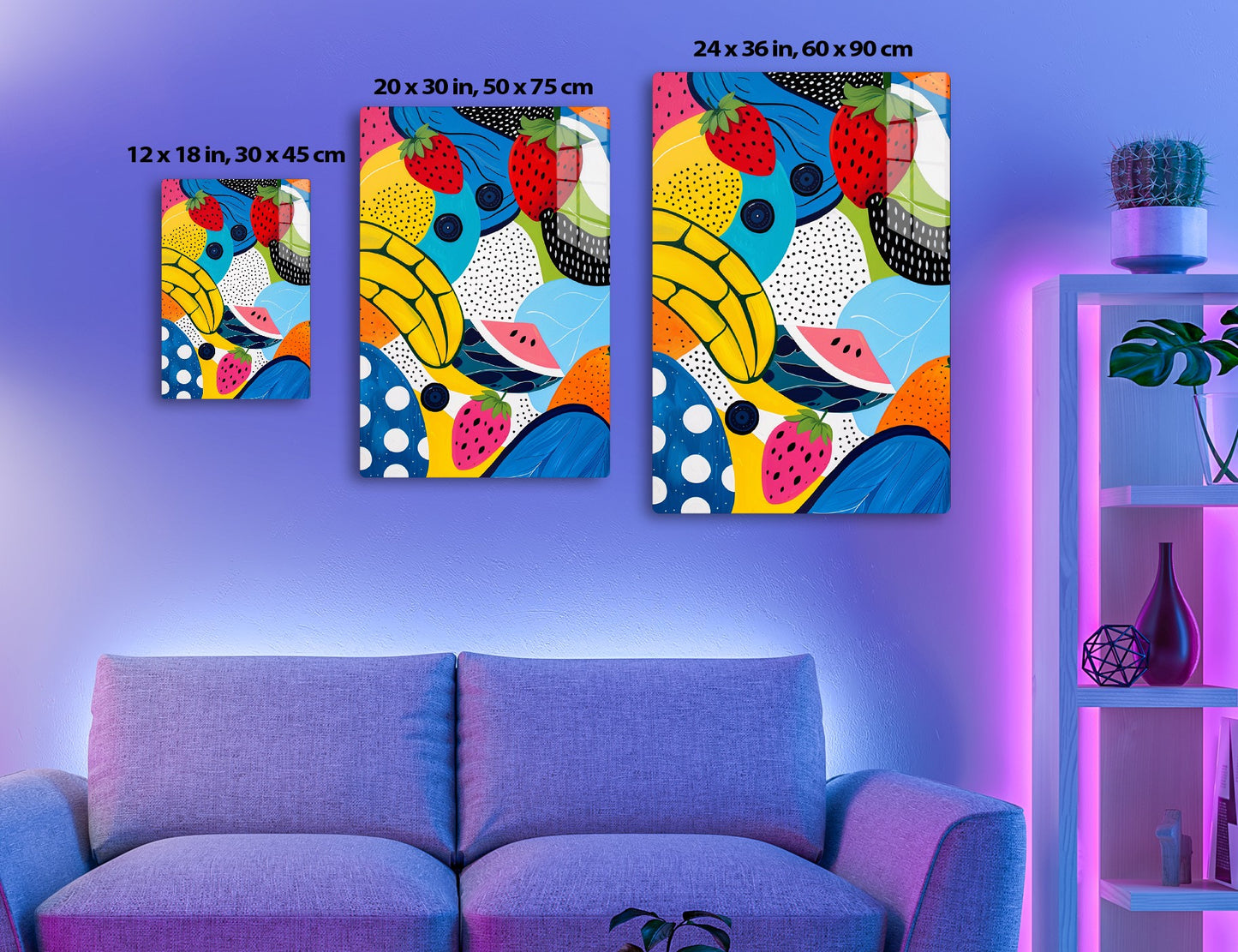 Vibrant abstract illustration with pop art style featuring stylized fruits like bananas, strawberries, watermelons in bold colors with dotted patterns against a blue and yellow background.