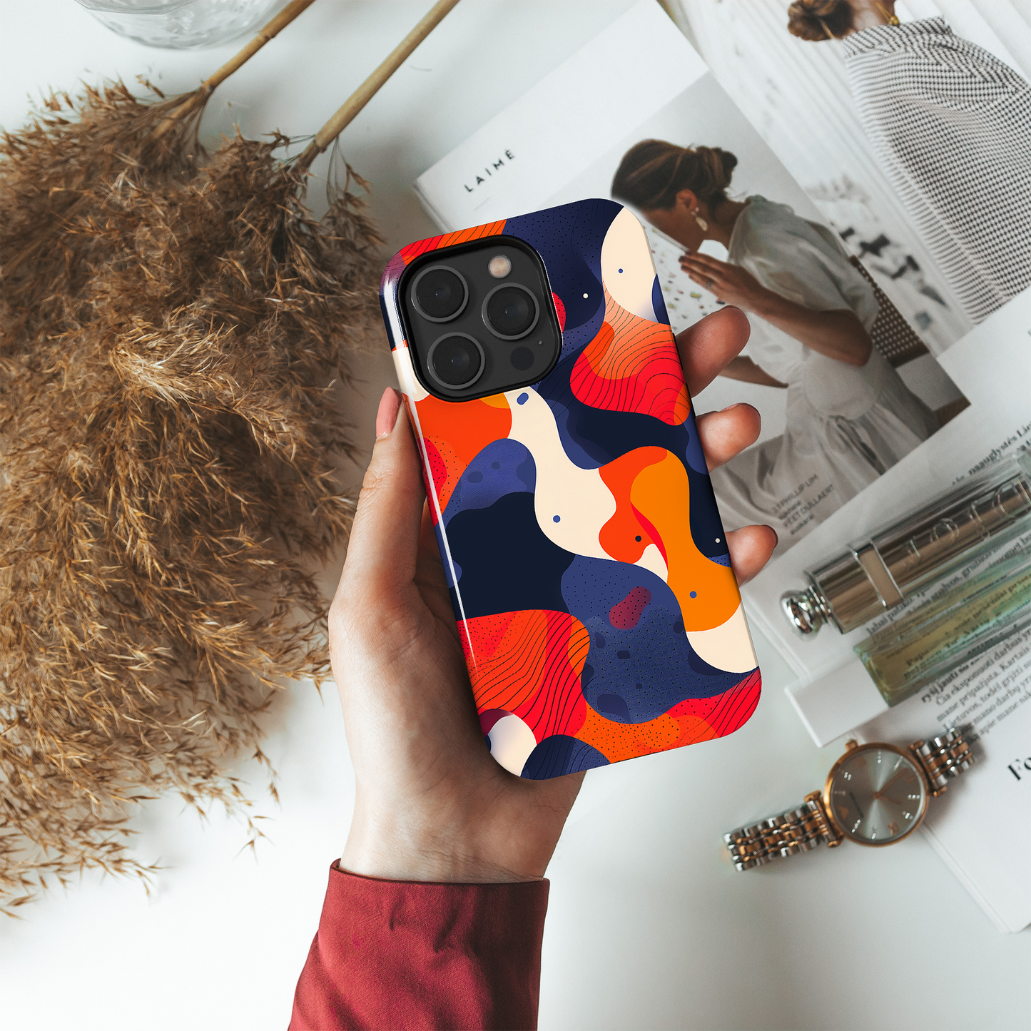Colorflow Canvas (iPhone Case 11-15)Elevate your iPhone's protection and style with RimaGallery's Abstract flowing shapes in a bold color palette On case, featuring dual-layer defense and a sleek, glosRimaGallery