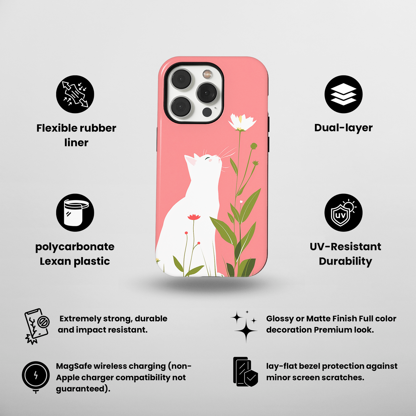 Blossom Gazer (iPhone MagSafe Case)Elevate your iPhone's protection and style with RimaGallery's A serene white cat admiring spring blossoms on a pastel pink on iphone MagSafe Case against a dark backRimaGallery