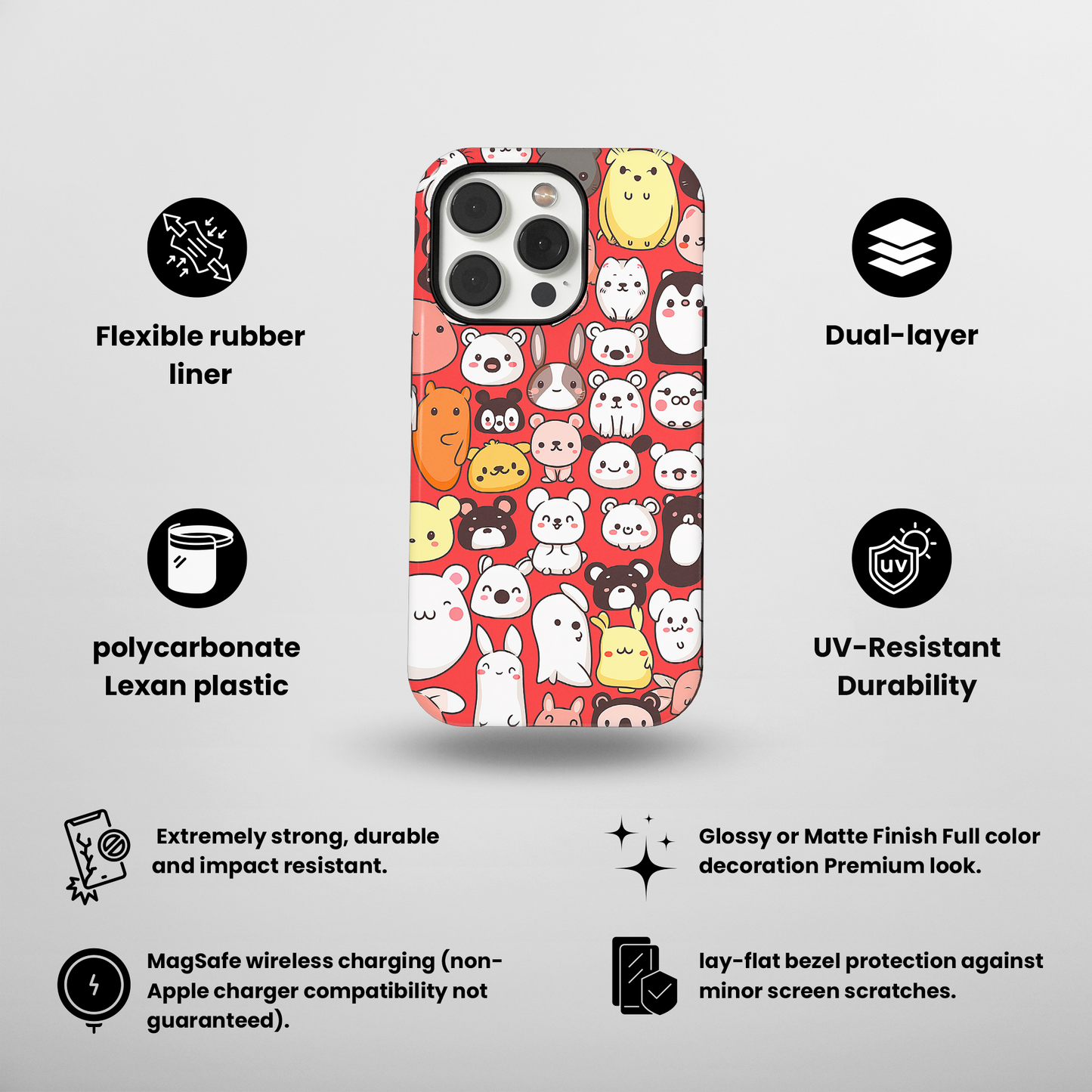 Critter Conga (iPhone MagSafe Case)Elevate your iPhone's protection and style with RimaGallery's Cute assorted animals in a fun pattern on iphone MagSafe Case against a dark backdrop. Enjoy dual-layerRimaGallery