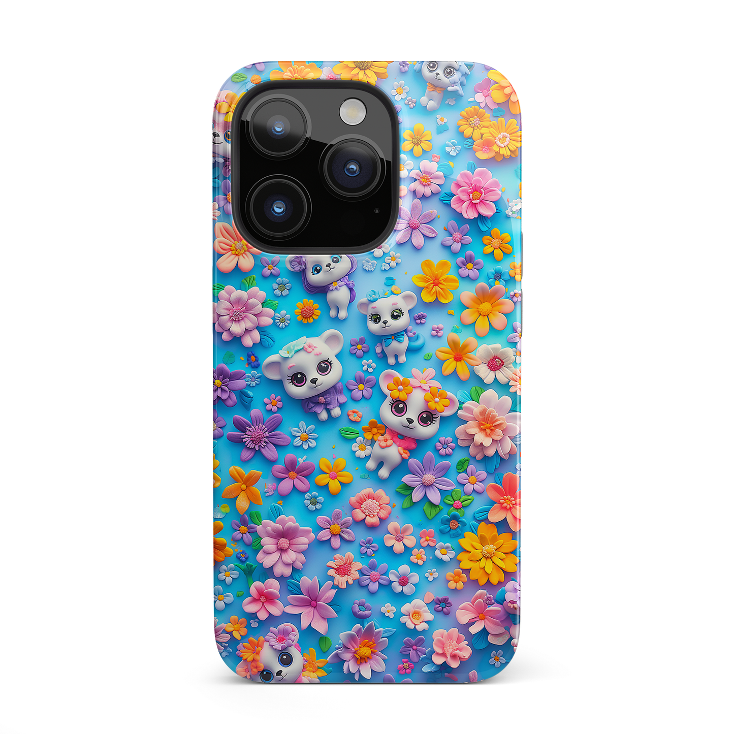 Elevate your iPhone's protection and style with RimaGallery's Vibrant floral and kitten-themed phone case, featuring dual-layer defense and a sleek, glossy finish. F-Floral Kittens (iPhone Case 11-15)