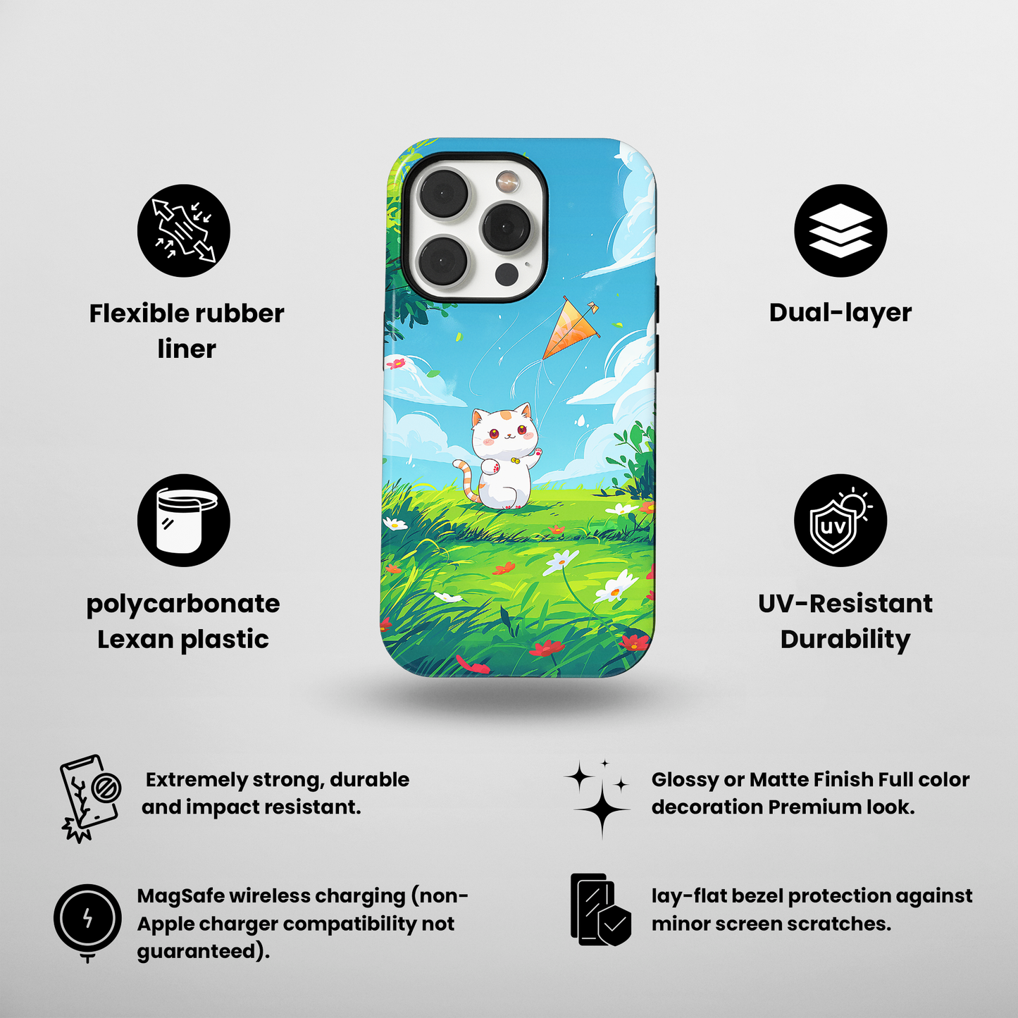 Kite Kitty (iPhone MagSafe Case)Elevate your iPhone's protection and style with RimaGallery's A charming illustration of a kitten flying a kite on a sunny daye on iphone MagSafe Case against a darkRimaGallery