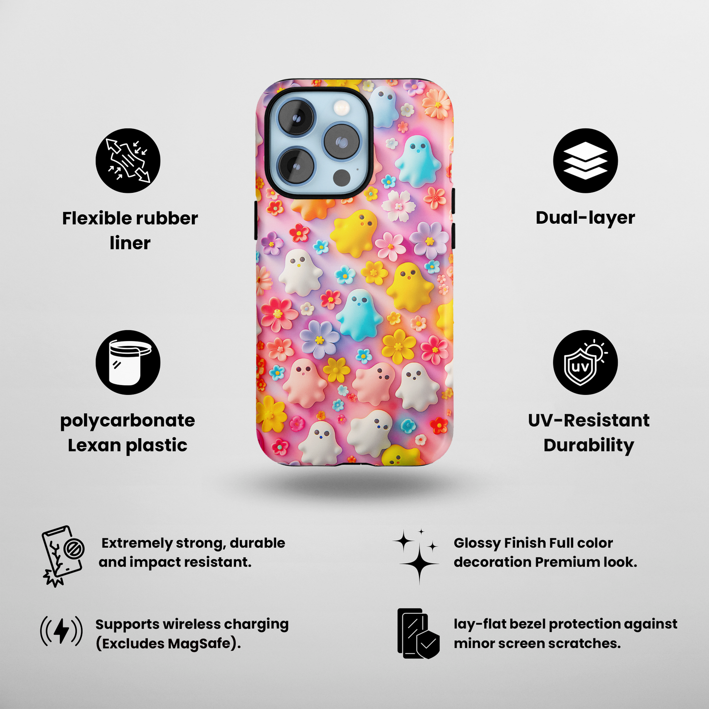 Ghoulish Garden (iPhone Case 11-15)Elevate your iPhone's protection and style with RimaGallery's Playful ghost characters amidst a floral backdrop on a bright case, featuring dual-layer defense and a RimaGallery
