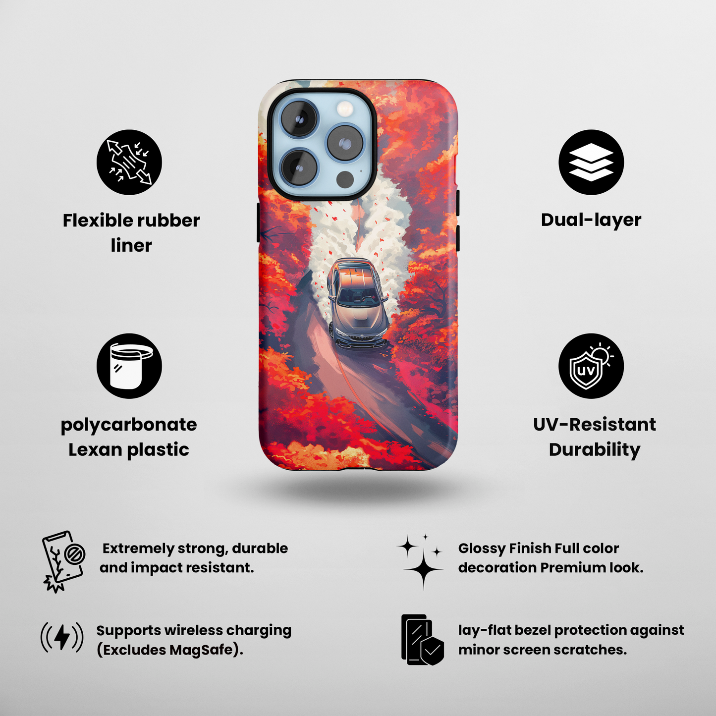 Autumn Drive (iPhone Case 11-15)Elevate your iPhone's protection and style with RimaGallery's A car journey through a fiery autumnal forest On case, featuring dual-layer defense and a sleek, glossyRimaGallery