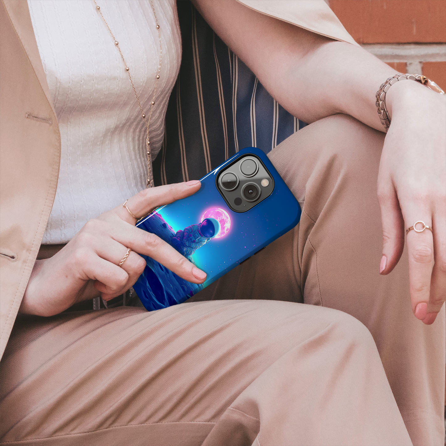 Cosmic Contemplation (iPhone Case 11-15)Elevate your iPhone's protection and style with RimaGallery's Astronaut in deep thought on the lunar surface under a glowing moon On case, featuring dual-layer defenRimaGallery