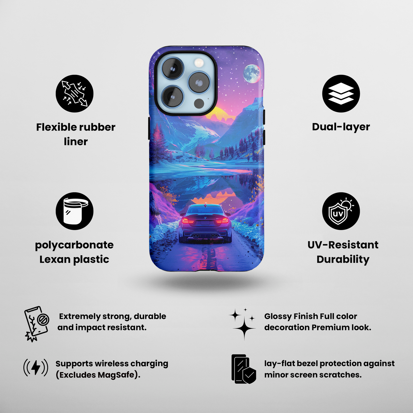 Celestial Drive (iPhone Case 11-15)Elevate your iPhone's protection and style with RimaGallery's A scenic drive through a vibrant twilight mountain landscape case, featuring dual-layer defense and a sRimaGallery