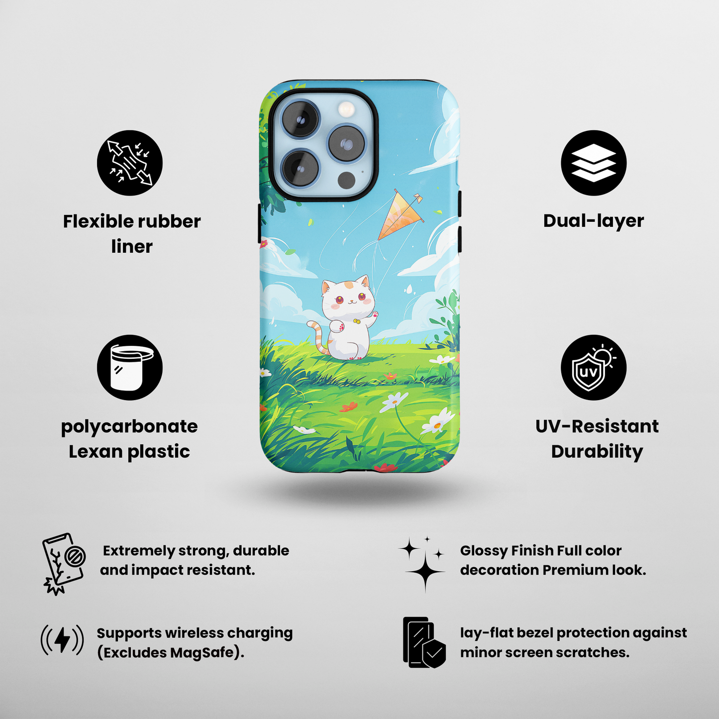 Kite Kitty (iPhone Case 11-15)Elevate your iPhone's protection and style with RimaGallery's A charming illustration of a kitten flying a kite on a sunny daye On case, featuring dual-layer defenseRimaGallery