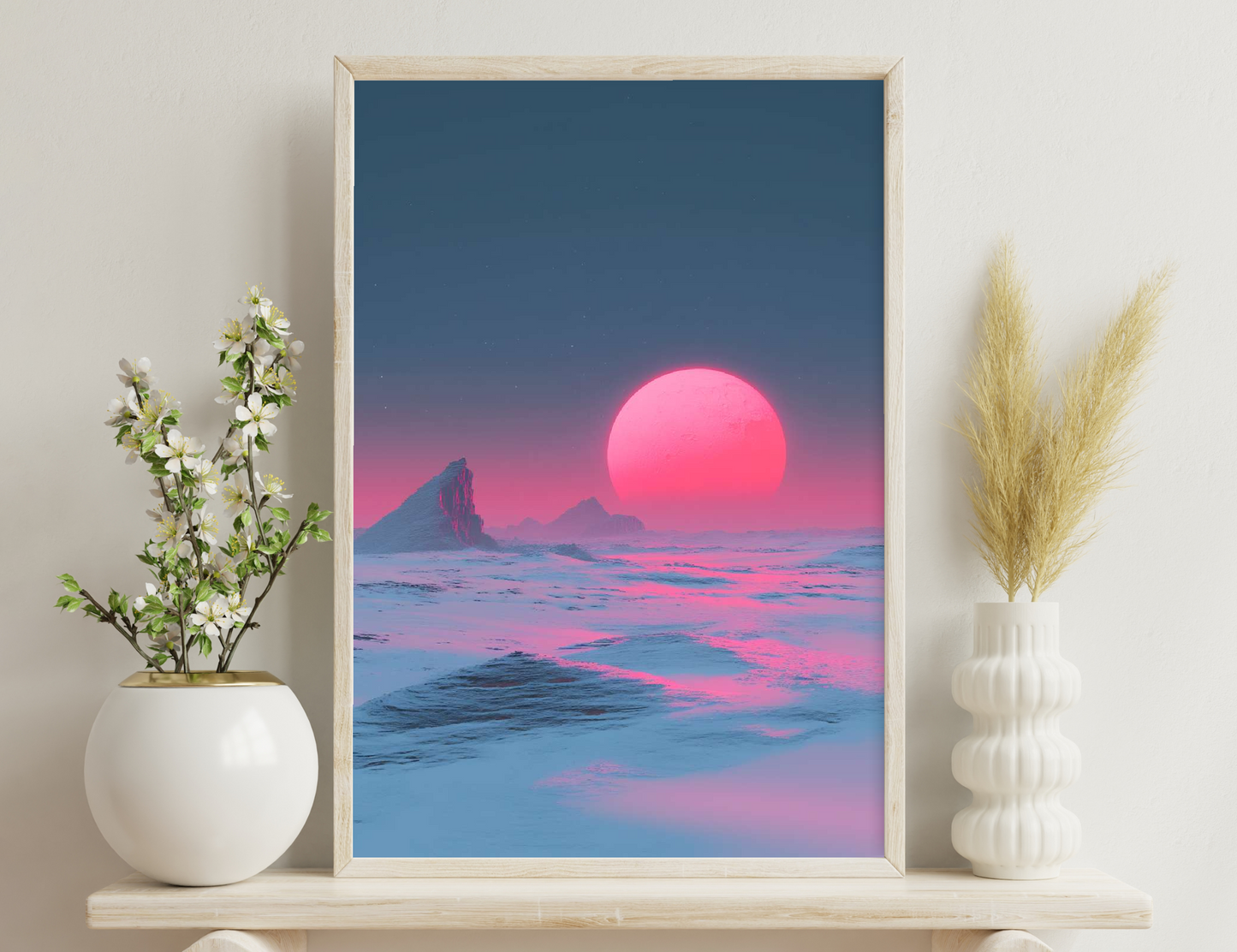 A surreal ocean landscape at dusk, featuring a massive pink sun setting over jagged, icy mountain peaks amidst a frozen sea of pink and blue hues.