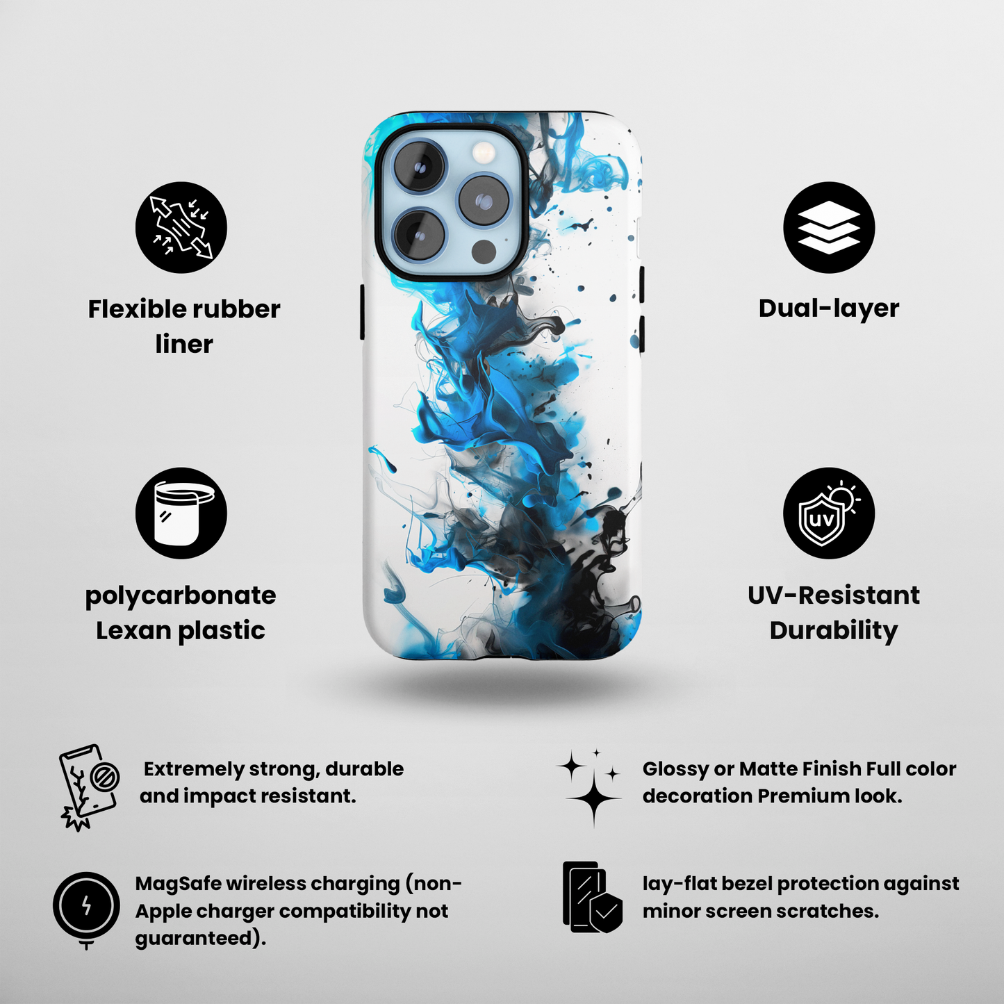 Blue Whisper (iPhone MagSafe Case)Elevate your iPhone's protection and style with RimaGallery's Blue and black ink abstract design on a white MagSafe Case. Enjoy dual-layer defense, vibrant design chRimaGallery