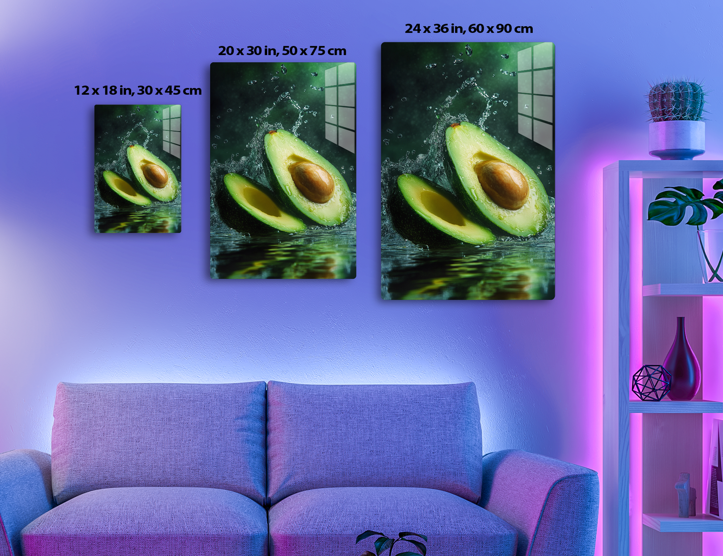 An avocado splashing into water, creating a crown of water droplets surrounding its sliced open flesh revealing the bright green meat and large brown pit inside.