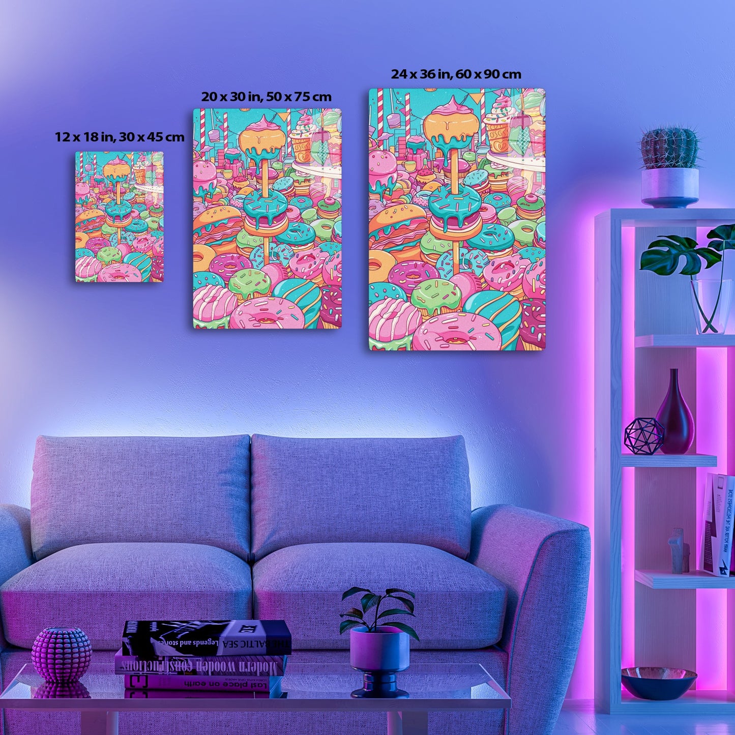 A colorful and whimsical illustration depicting a sugary fantasy land filled with giant frosted donuts, ice cream swirls, candy canes, and other delectable sweet treats in bright shades of pink, blue, green,