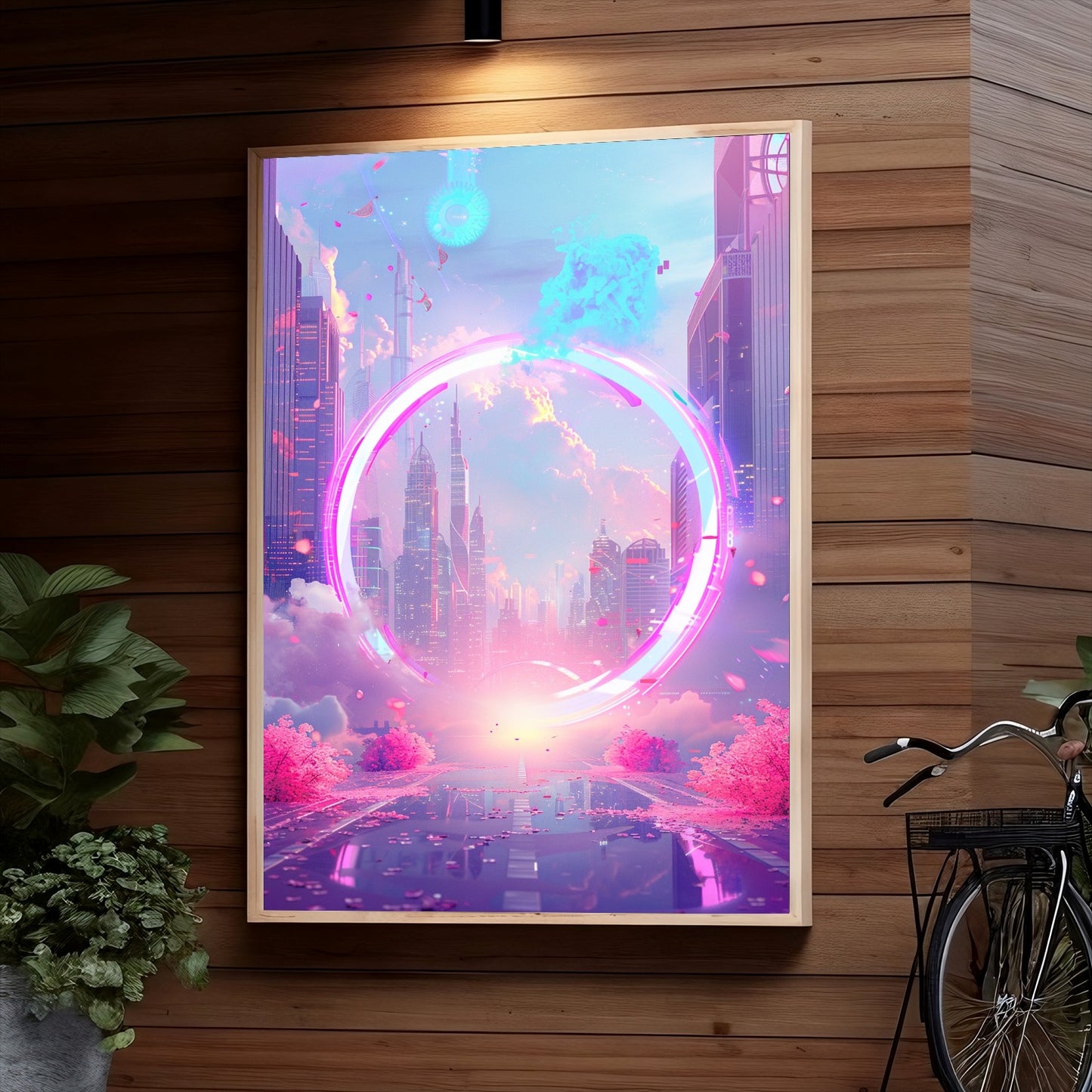 A futuristic cityscape with towering skyscrapers framed by a massive pink holographic circle, floating pink petals, fluffy clouds, and a reflecting pool in the foreground surrounded by vibrant pink blossoming trees.