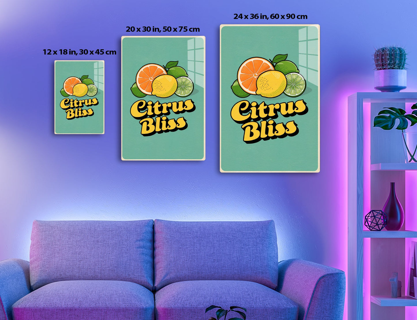 Illustration featuring various citrus fruits like orange slices, lemon, lime, and a green leaf on a teal background with the text "Citrus Bliss" in a stylized retro font.