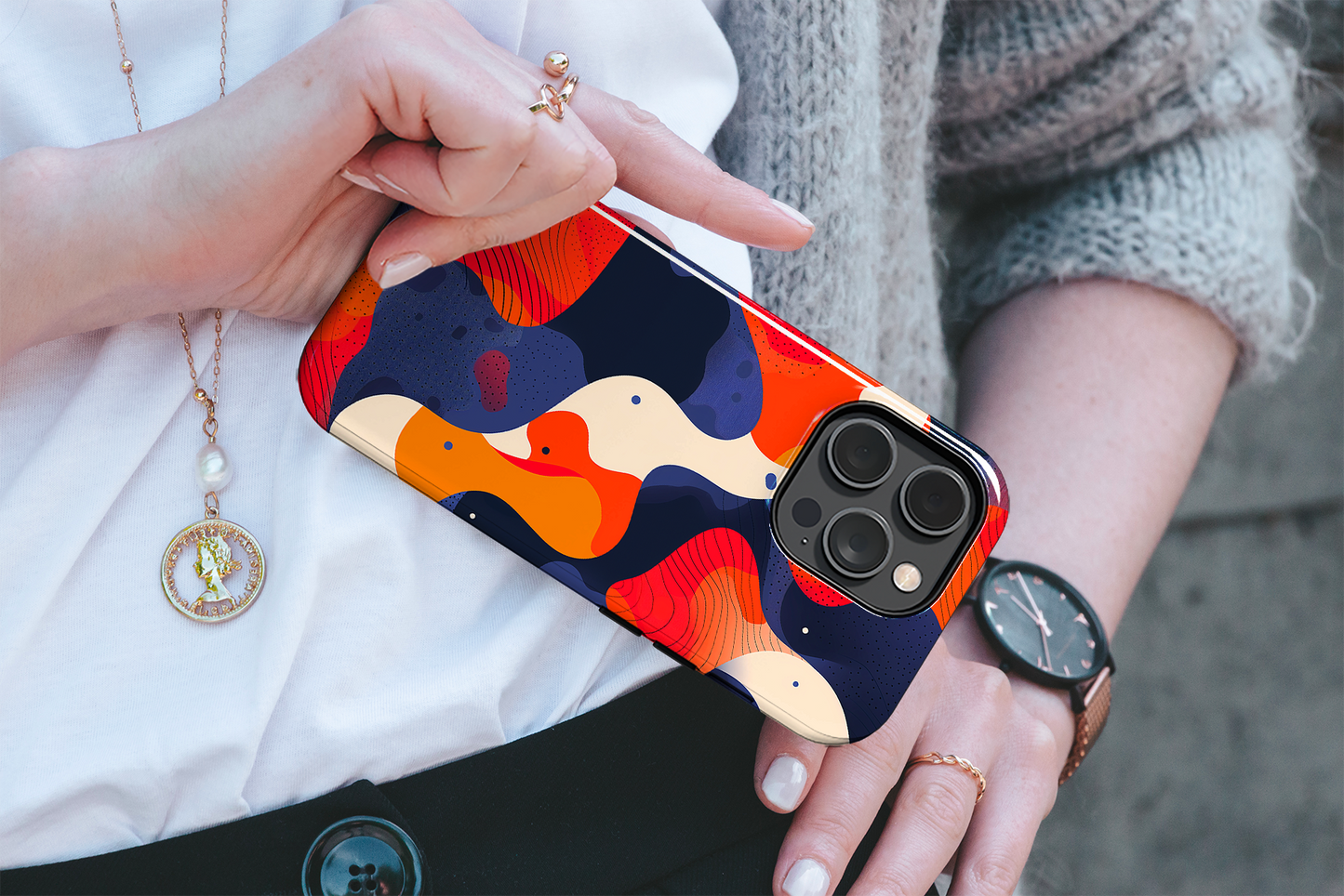 Colorflow Canvas (iPhone Case 11-15)Elevate your iPhone's protection and style with RimaGallery's Abstract flowing shapes in a bold color palette On case, featuring dual-layer defense and a sleek, glosRimaGallery