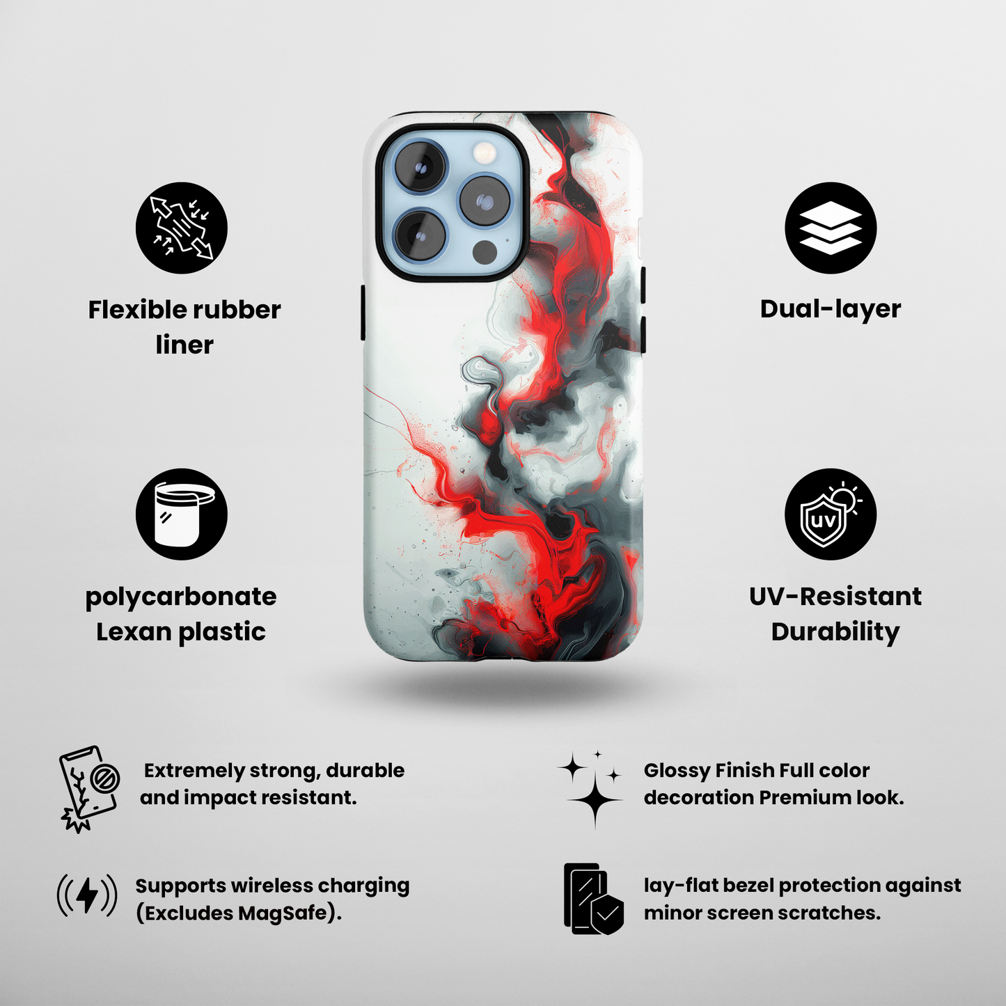 Blush Swirl (iPhone Case 11-15)Elevate your iPhone's protection and style with RimaGallery's Elegant swirls of red and smoke blend across On case, featuring dual-layer defense and a sleek, glossy RimaGallery