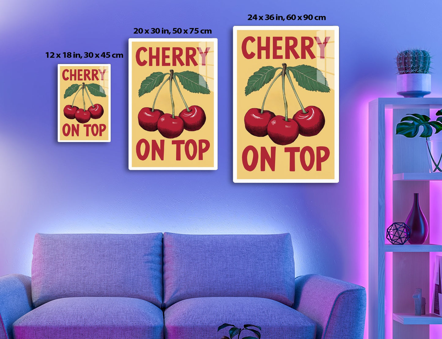 Cherry poster showing three red cherries with stems and green leaves, text reads "CHERRY ON TOP" in red and tan colors.