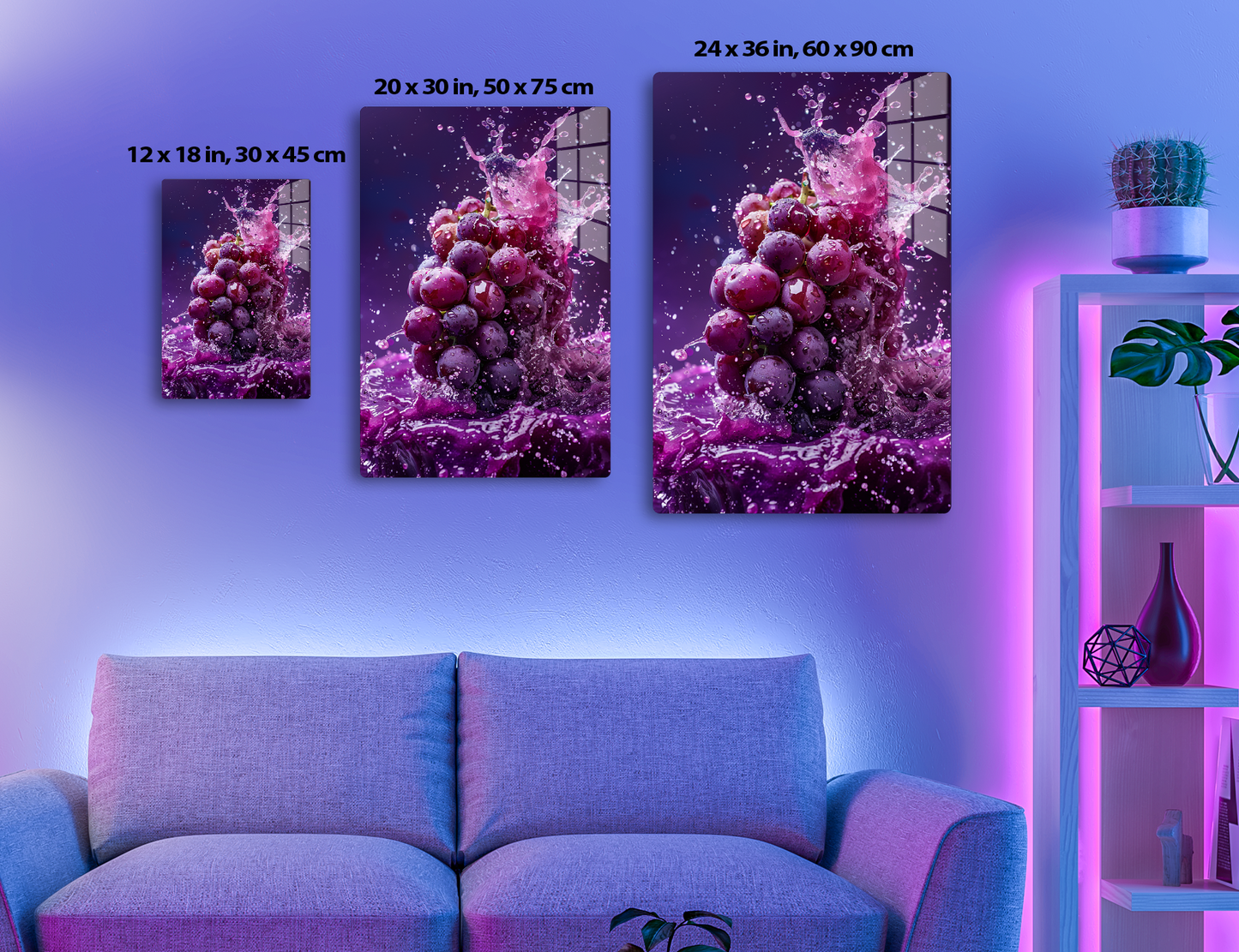 A cluster of ripe purple grapes with water droplets splashing around them, creating a vibrant and dynamic image against a purple background.