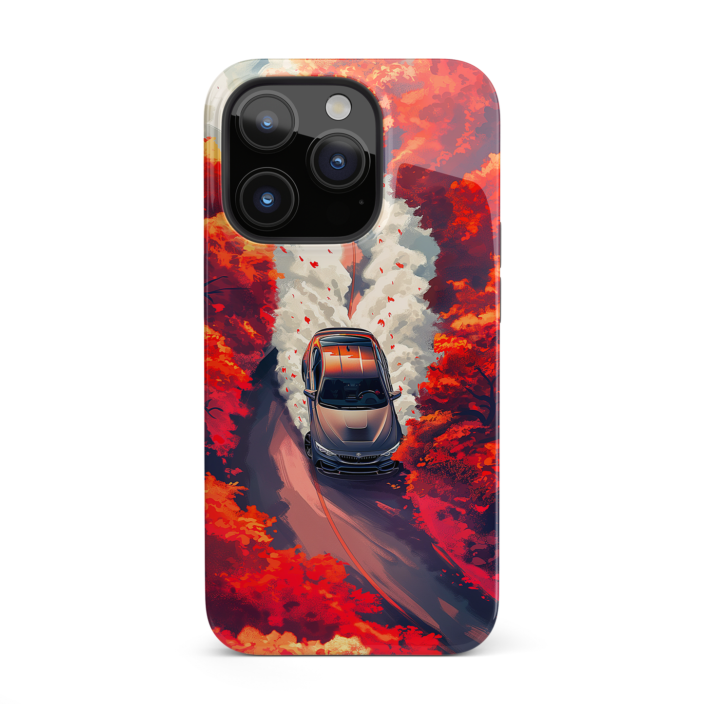Autumn Drive (iPhone Case 11-15)Elevate your iPhone's protection and style with RimaGallery's A car journey through a fiery autumnal forest On case, featuring dual-layer defense and a sleek, glossyRimaGallery