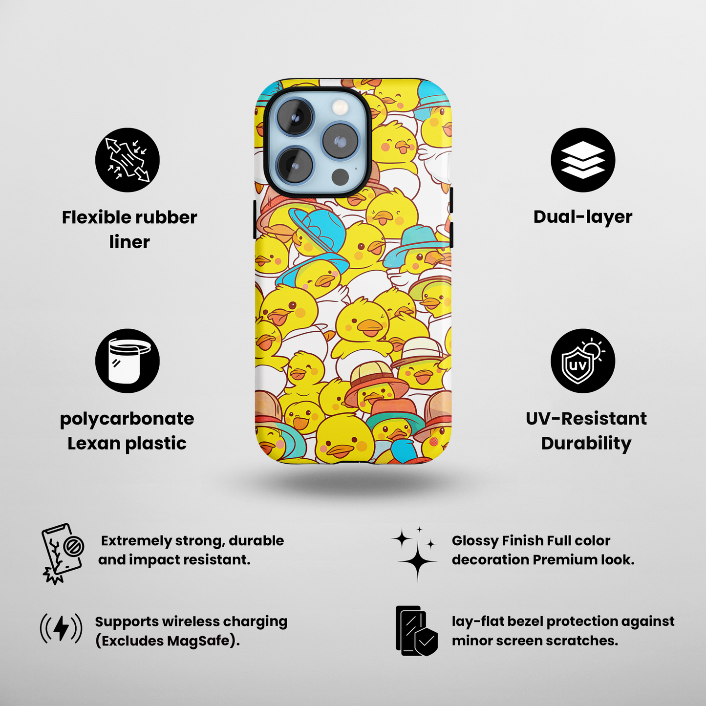 Ducky Delight (iPhone Case 11-15)Elevate your iPhone's protection and style with RimaGallery's Cheerful yellow ducklings with cute hats On case, featuring dual-layer defense and a sleek, glossy finiRimaGallery