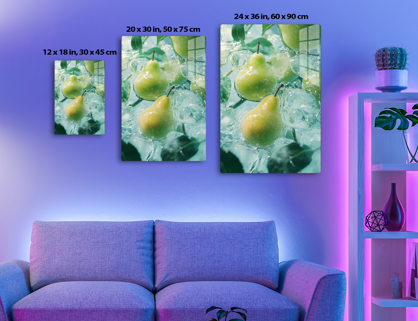Fresh green pears submerged in water with bubbles and leaves, creating a refreshing and vibrant underwater scene.