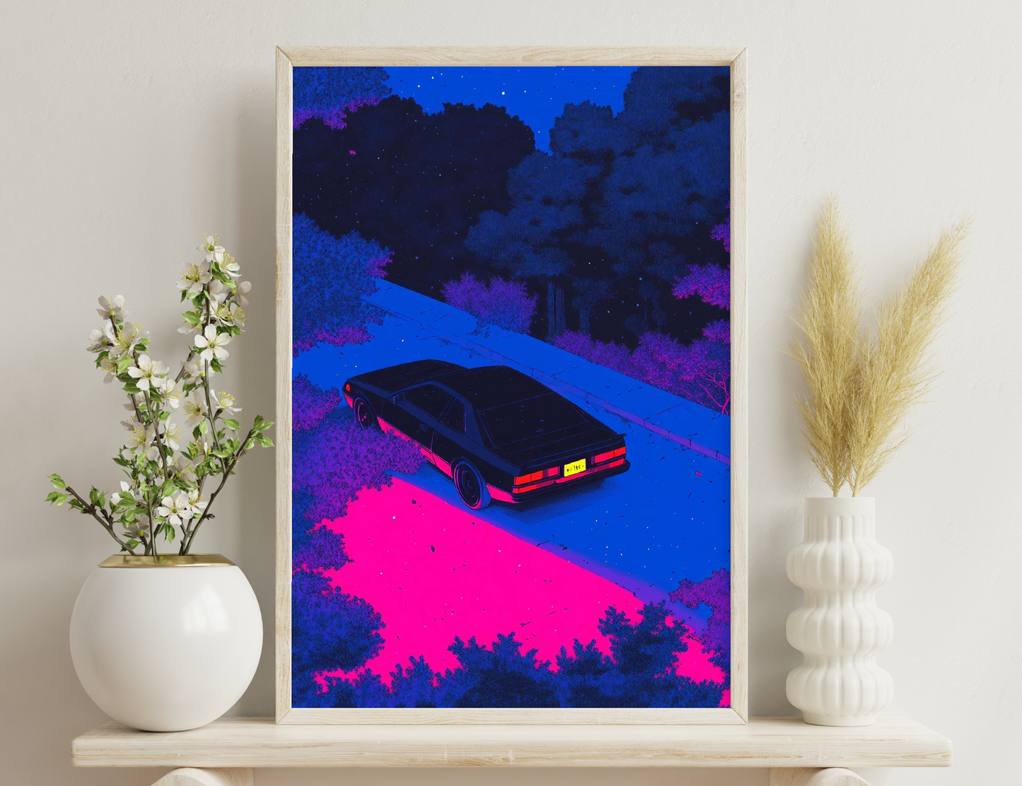 A retro-style illustration depicting a vintage car driving on a neon-lit road under a starry night sky with vibrant pink and blue colors.