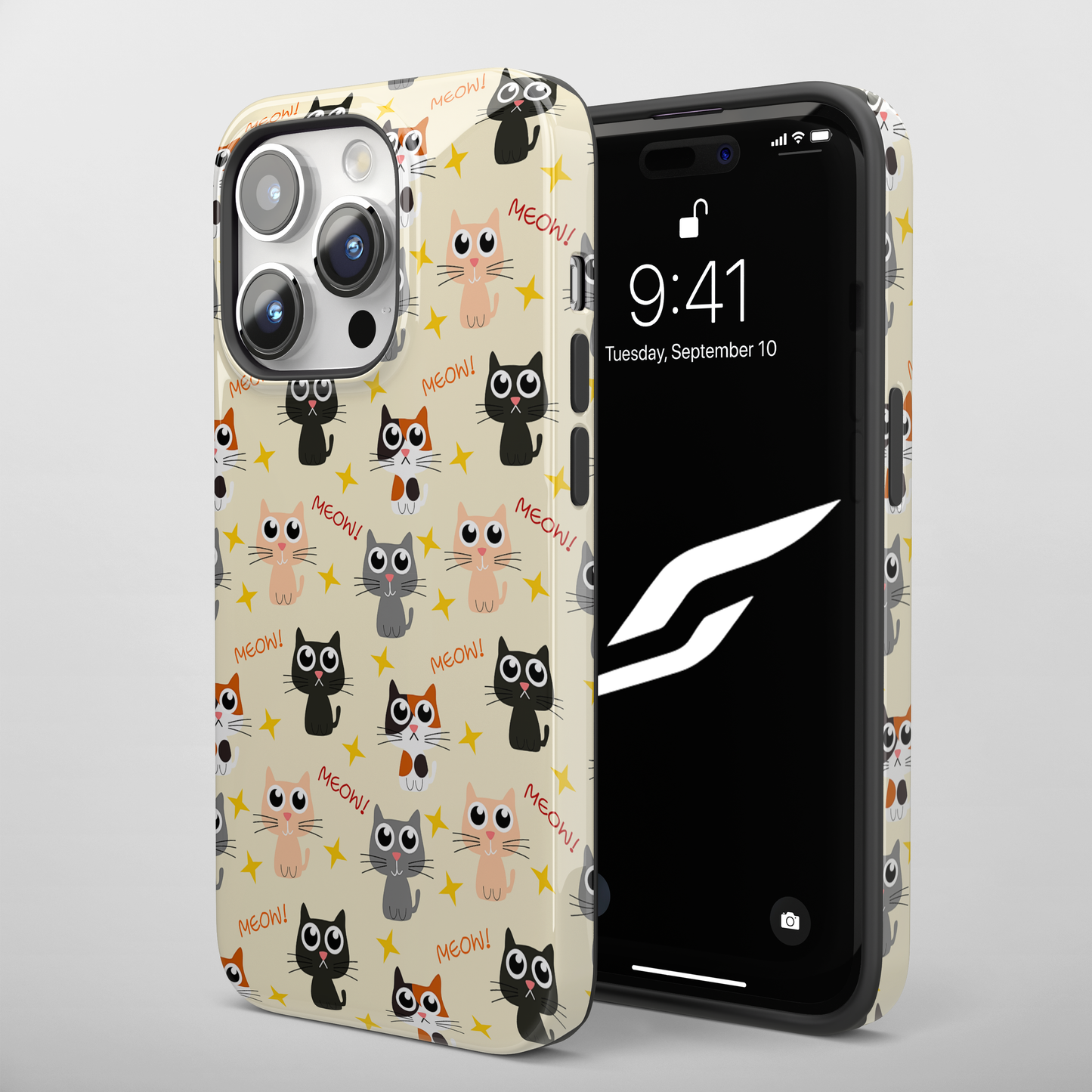 Elevate your iPhone's protection and style with RimaGallery's Adorable cat pattern on phone case with stars and text on phone case. , featuring dual-layer defense an-Charming Cat Chorus (iPhone Case 11-15)