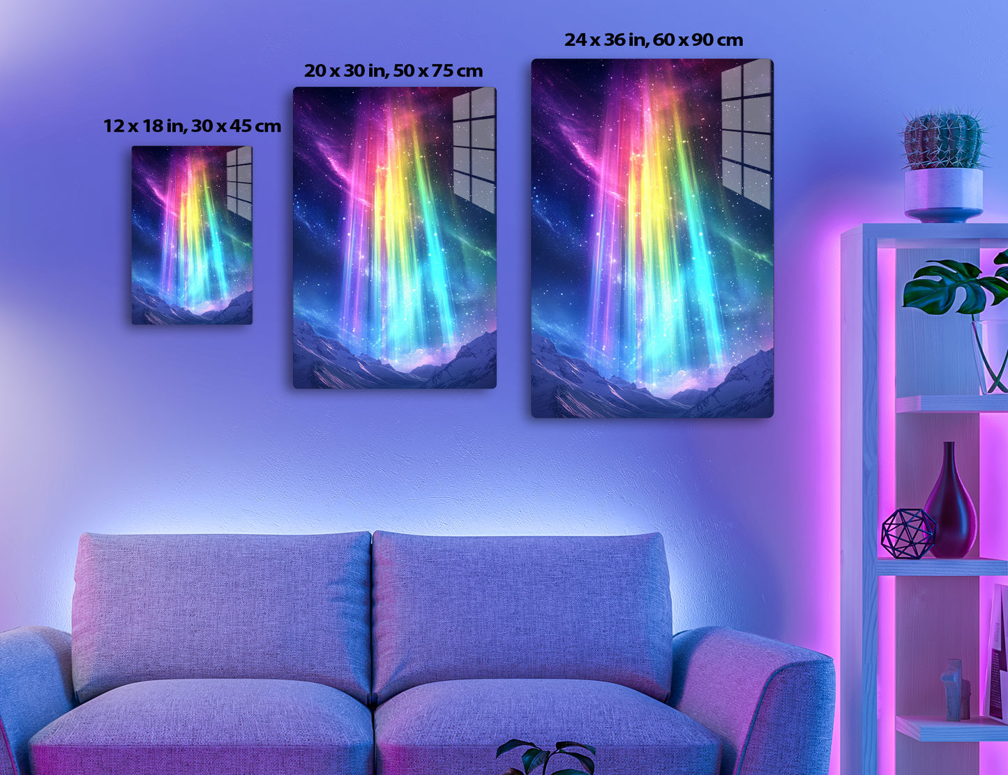 Colorful aurora borealis lights illuminate the night sky over snow-capped mountains, creating a mesmerizing cosmic display of vibrant purple, pink, yellow, green, and blue hues.