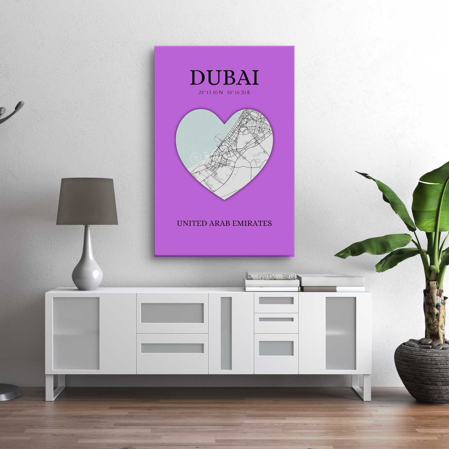 Dubai Heartbeat - Purple (Canvas)Dubai map on a lavender canvas with a heart cutout. Shop now for innovative products designed to enhance your digital lifestyle. Fast shipping!RimaGallery