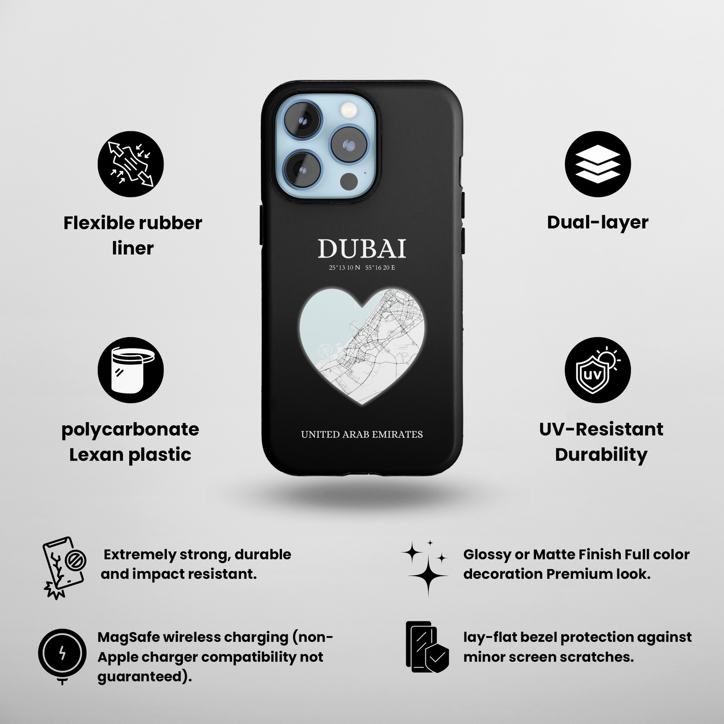 Dubai Heartbeat - Black (iPhone MagSafe Case)Elevate your iPhone's style with the Dubai Heartbeat Black MagSafe Case, offering robust protection, MagSafe compatibility, and a choice of matte or glossy finish. PRimaGallery