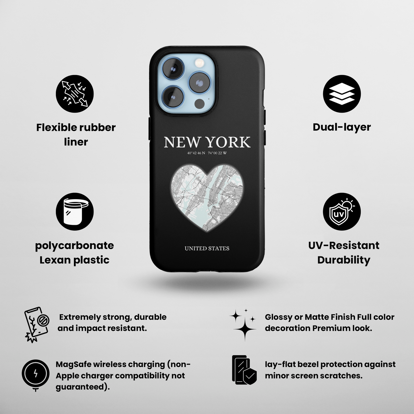 Elevate your iPhone's style with the New York Heartbeat Black MagSafe Case, offering robust protection, MagSafe compatibility, and a choice of matte or glossy finish-York Heartbeat - Black (iPhone MagSafe Case)