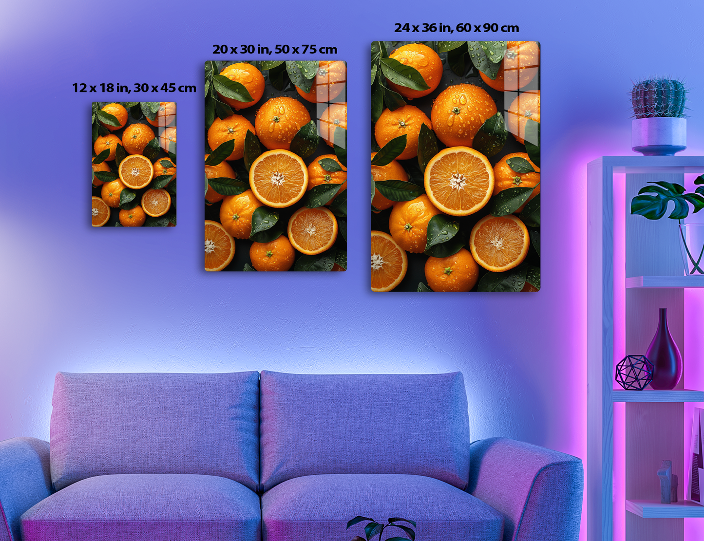 Ripe oranges with water droplets surrounded by green leaves, halved oranges showing their juicy star-shaped interior.