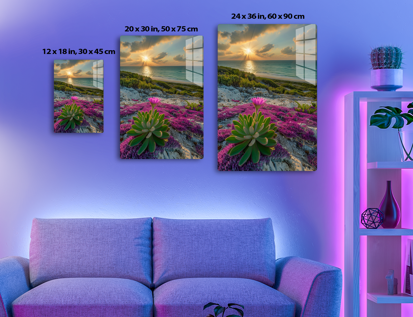 A scenic beach at sunset, with a lush green succulent plant and vibrant pink ground cover in the foreground, overlooking the turquoise ocean waters reflecting the golden sun rays peeking through dramatic clouds.