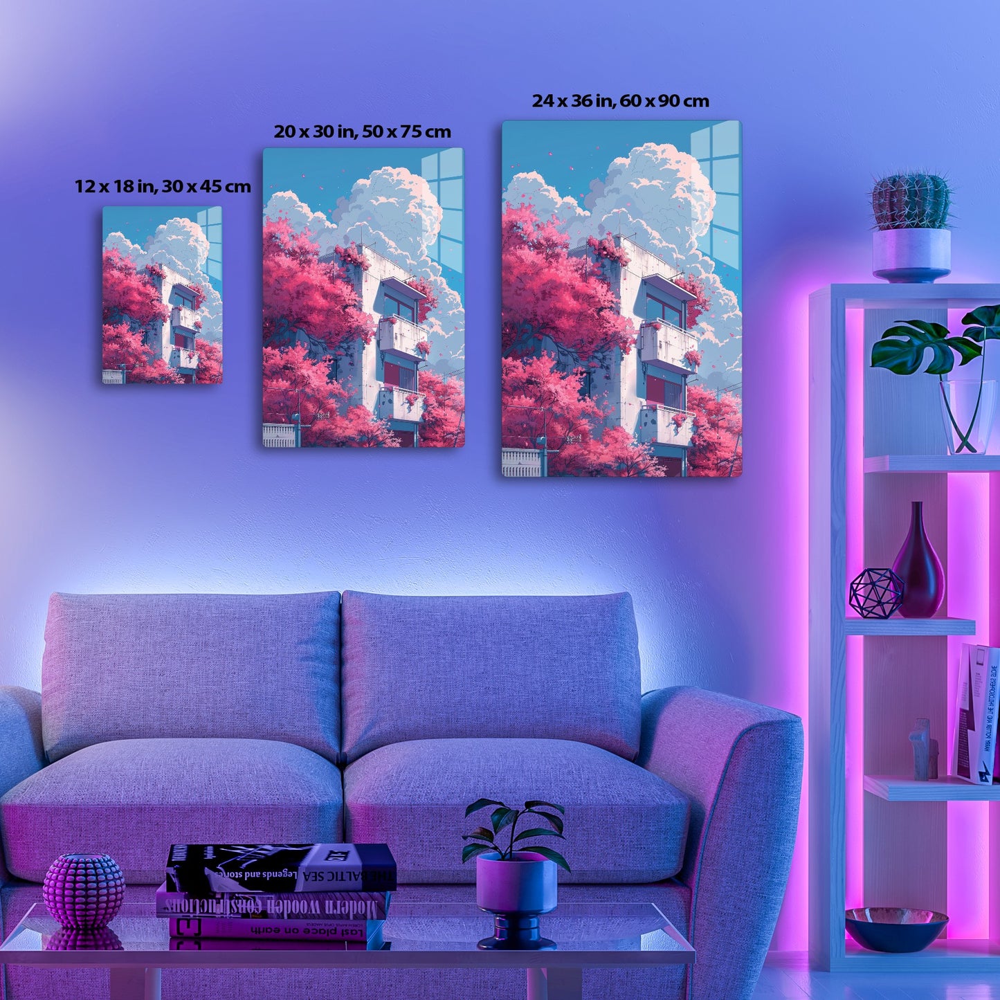 A digital illustration of a urban scene with a tall building surrounded by pink blooming trees and clouds, creating a surreal, dream-like atmosphere against a blue sky.