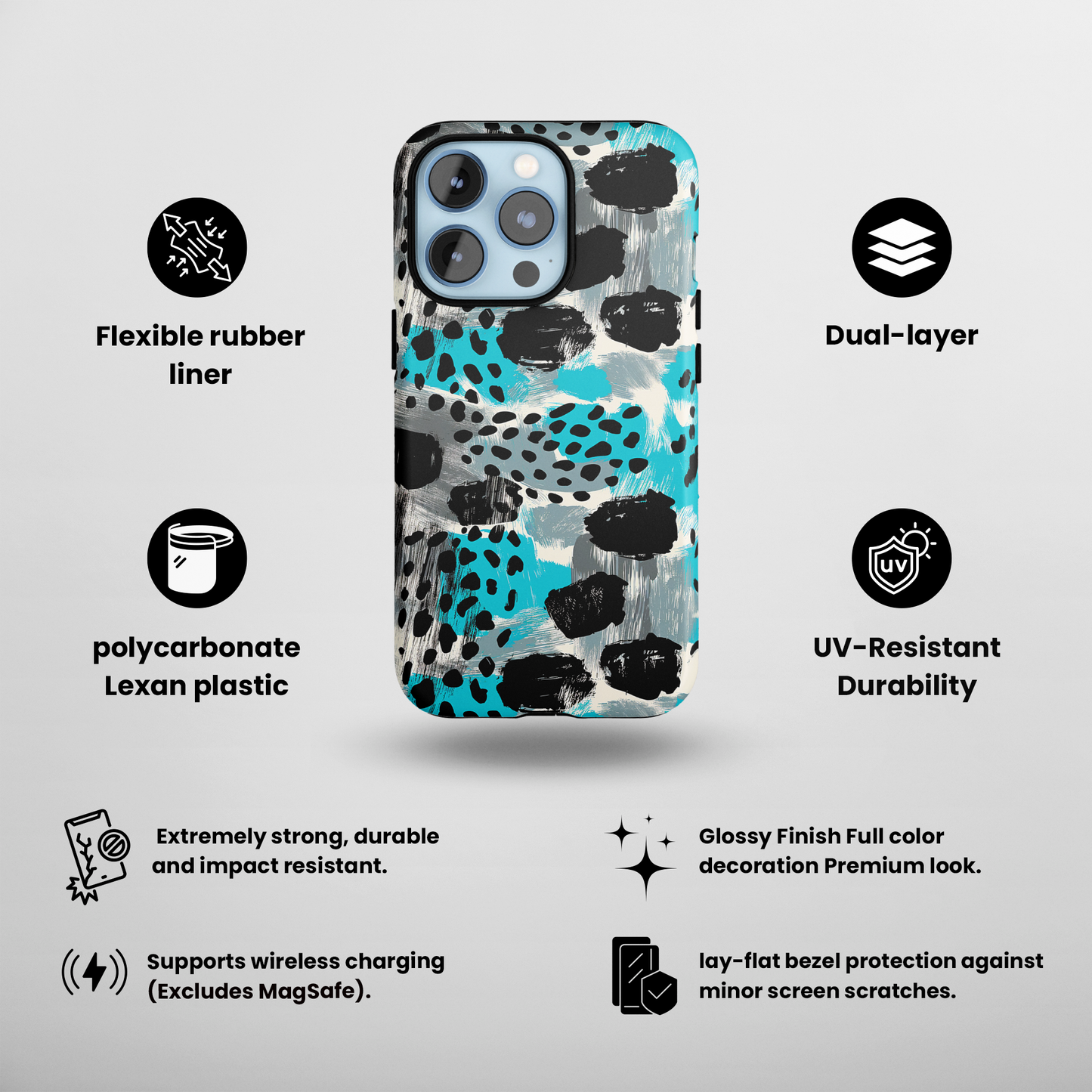 Teal Spots (iPhone Case 11-15)Elevate your iPhone's protection and style with RimaGallery's Trendy animal print pattern with teal accents On case, featuring dual-layer defense and a sleek, glossyRimaGallery