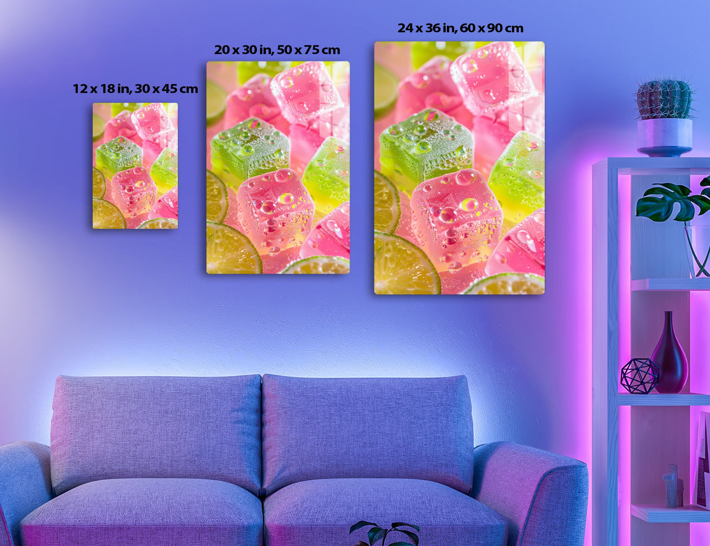 Colorful gummy candy pieces with water droplets, displaying vibrant pink, green and yellow translucent hues with a sparkling sugary coating.