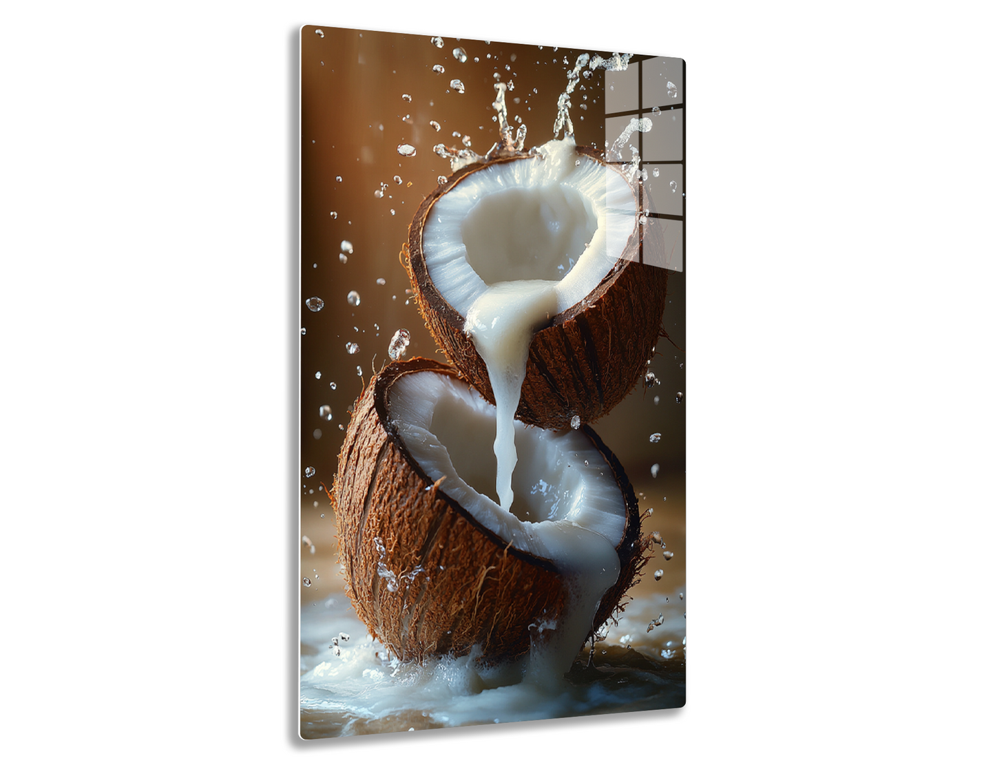 A halved coconut with its milk splashing out, creating a splatter of white liquid and bubbles against a brown background.