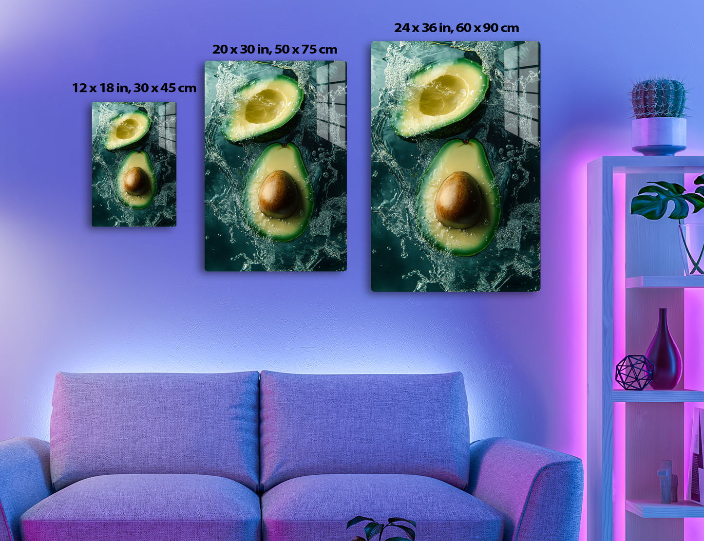 Fresh avocados submerged in water with splashing bubbles creating an artistic underwater composition.
