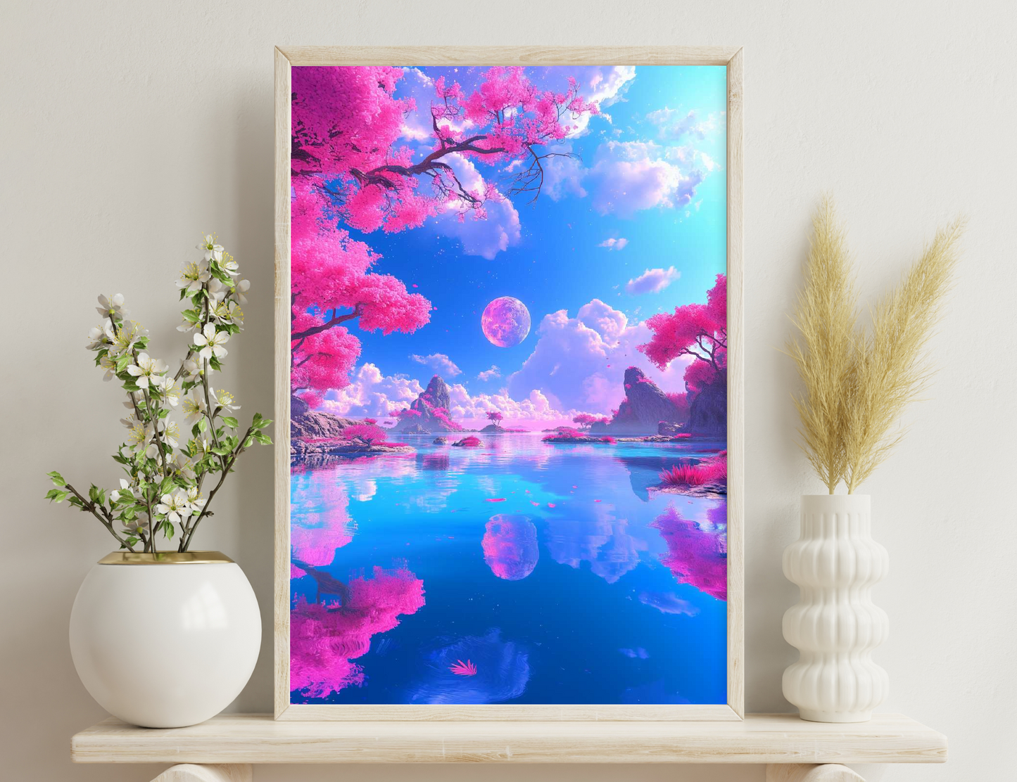A surreal, vibrant landscape with pink cherry blossom trees, a large pink moon, blue waters reflecting the scenery, and craggy mountains in the distance.