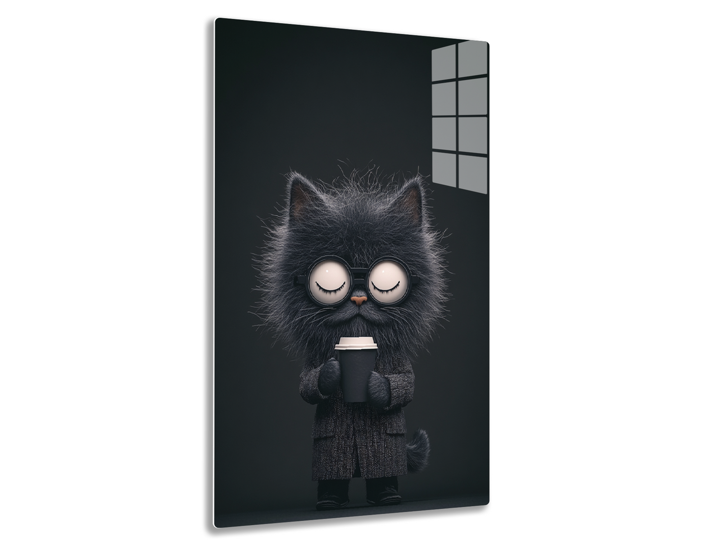 A whimsical illustration of a furry cat-like creature with large eyes closed, wearing glasses and holding a coffee mug while having a disheveled appearance against a dark background.