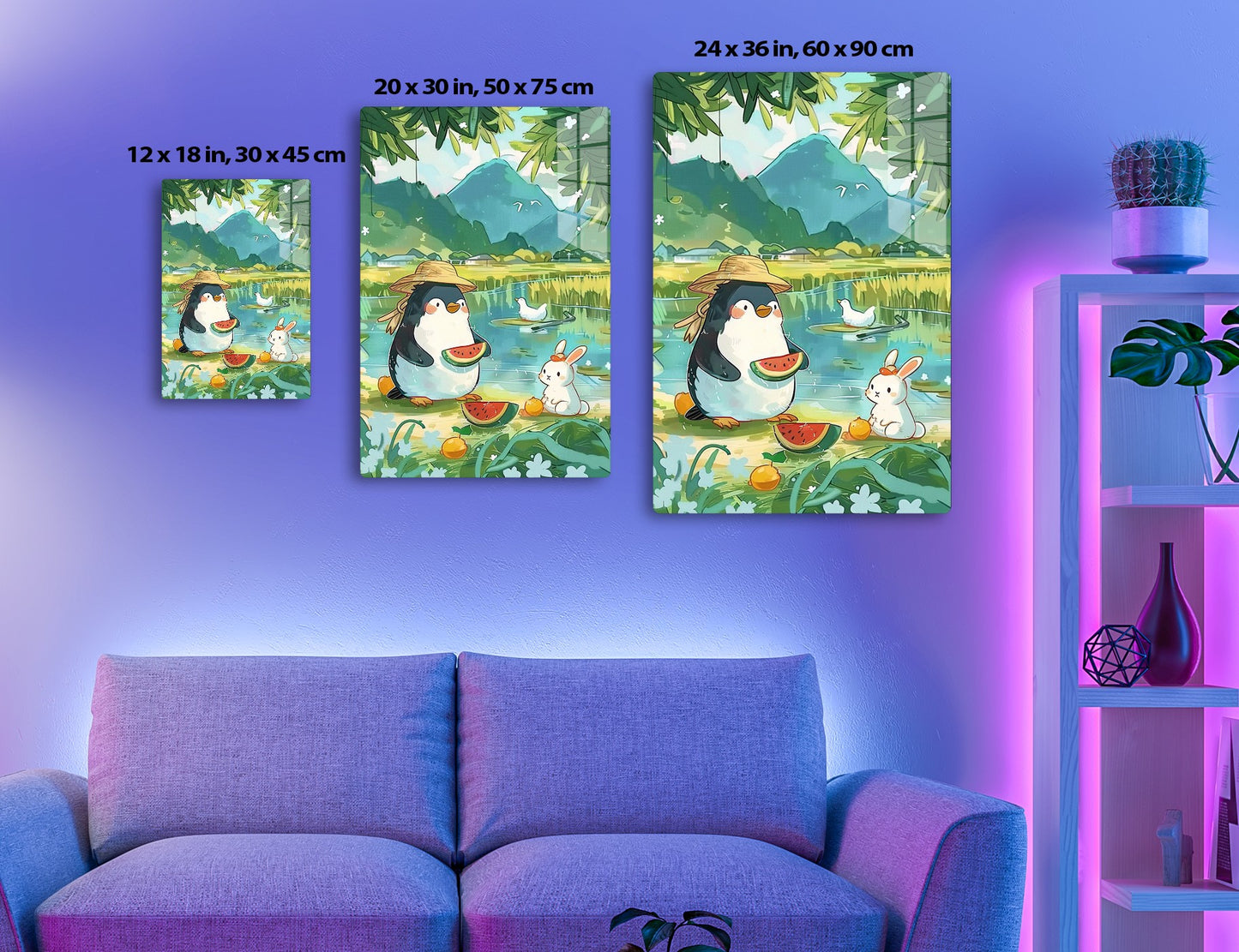 A penguin wearing a hat sits beside a rabbit, enjoying watermelon slices in a scenic wetland with a large smiling mountain in the background, surrounded by lush greenery and a duck on the water.