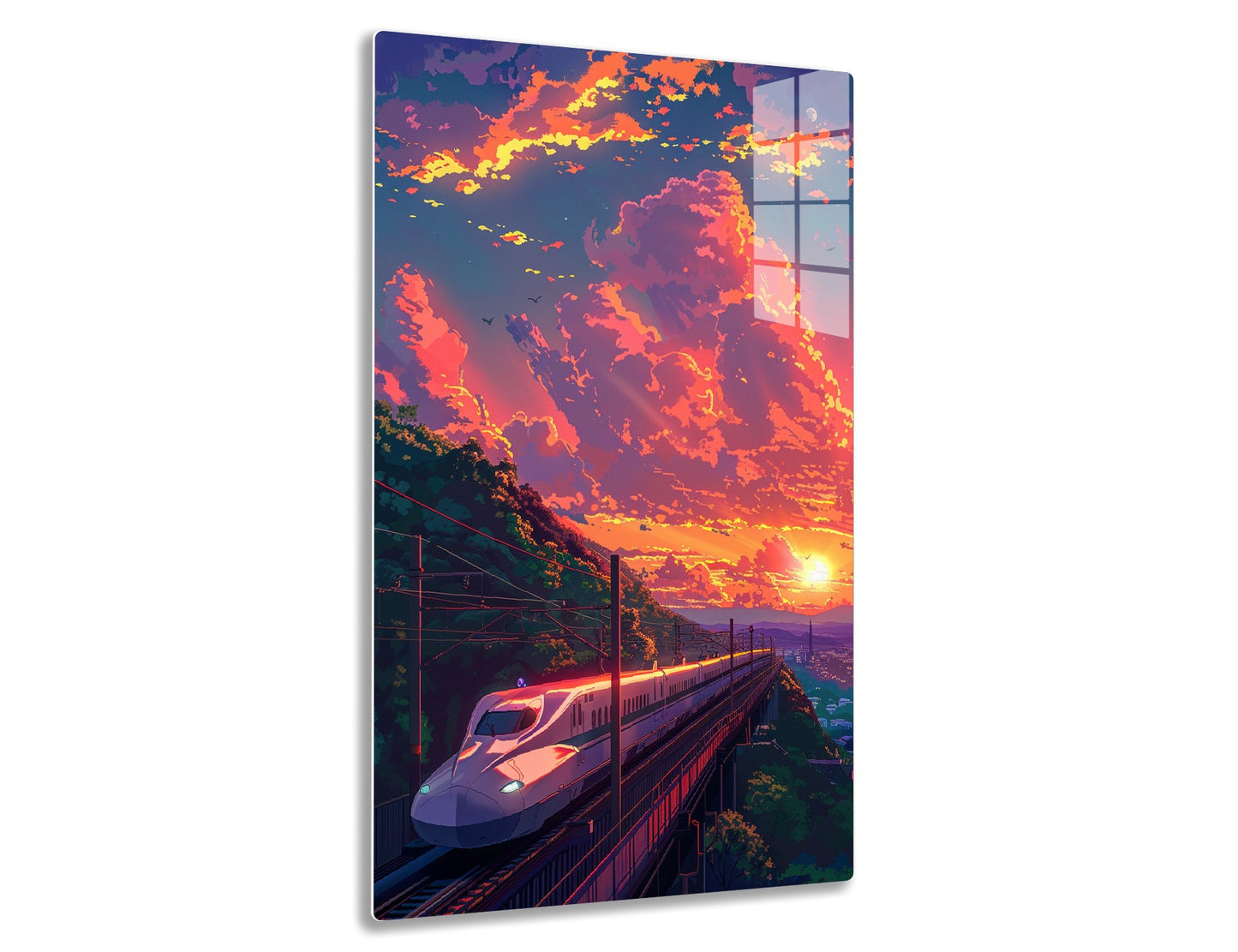 Dramatic sunset sky with orange and purple clouds, high-speed trains on an elevated track overlooking a city skyline, trees lining the tracks.